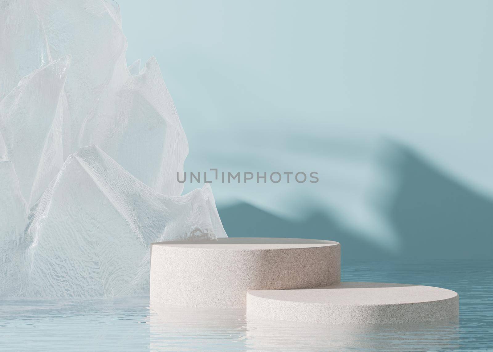 Two podiums standing in water, with abstract ice or crystal form on blue background. Mock up for product, cosmetic presentation. Pedestal or platform for beauty products. Empty scene, stage. 3D render by creativebird