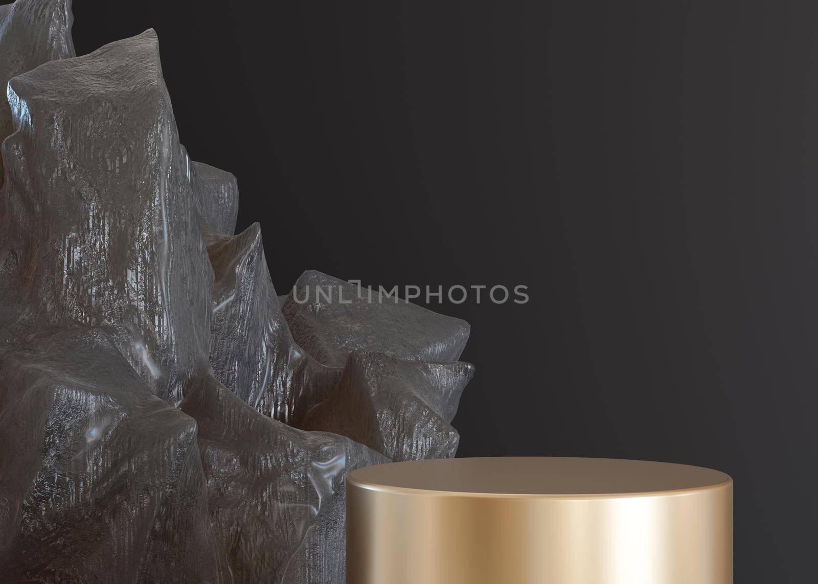 Golden podium with abstract ice or crystal form on black background. Mock up for product, cosmetic presentation. Pedestal or platform for beauty products. Empty scene. Copy space. 3D rendering