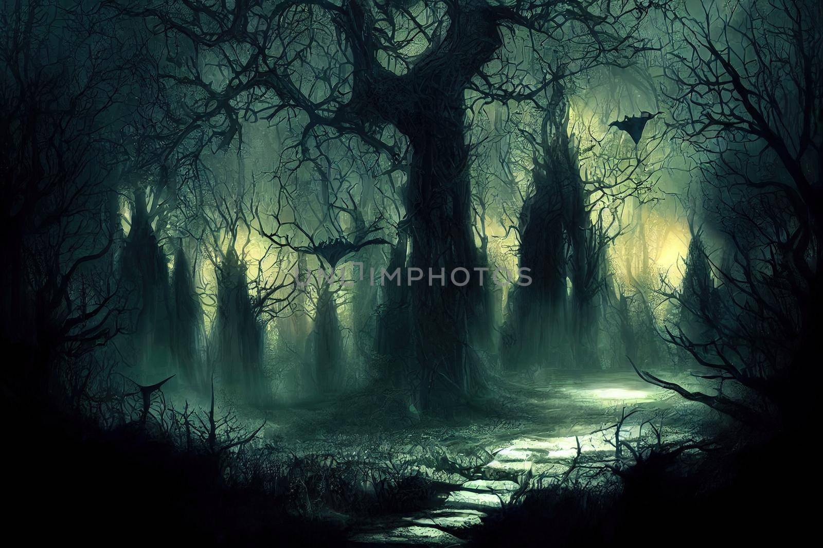 Realistic haunted forest creepy landscape at night. Fantasy Halloween forest background. Surreal mysterious atmospheric woods design backdrop. Digital art.. High quality illustration