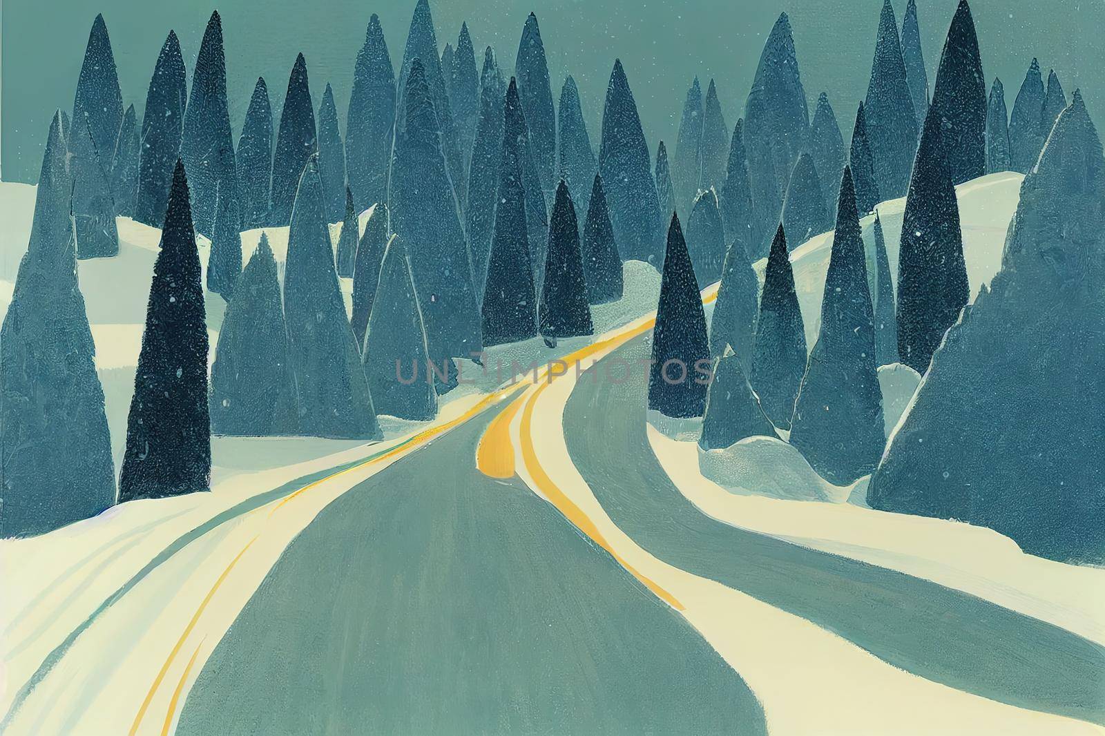 Winter road to the snowy forest. Winter snow forest way. Road to snowy winter forest. Winter forest road in snow. High quality illustration