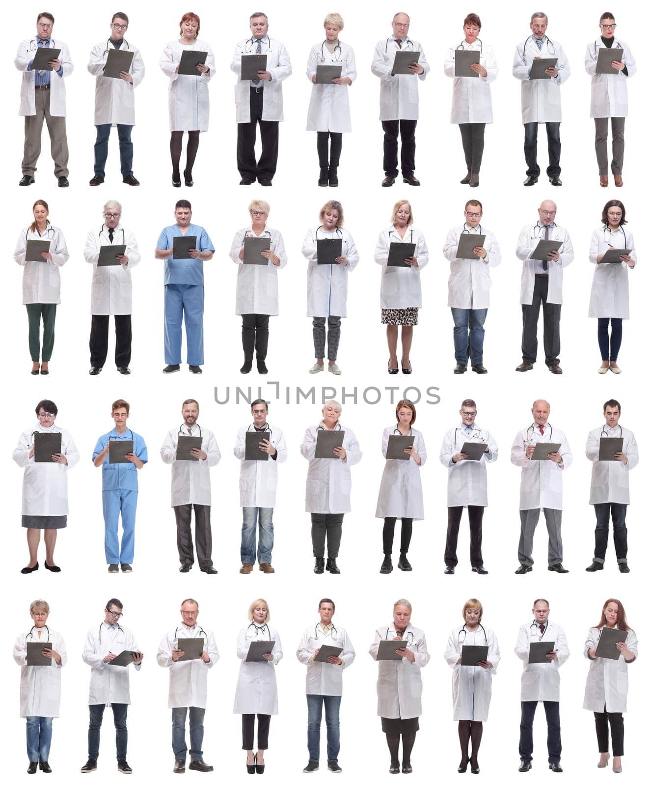 full length group of doctors with notepad isolated on white background