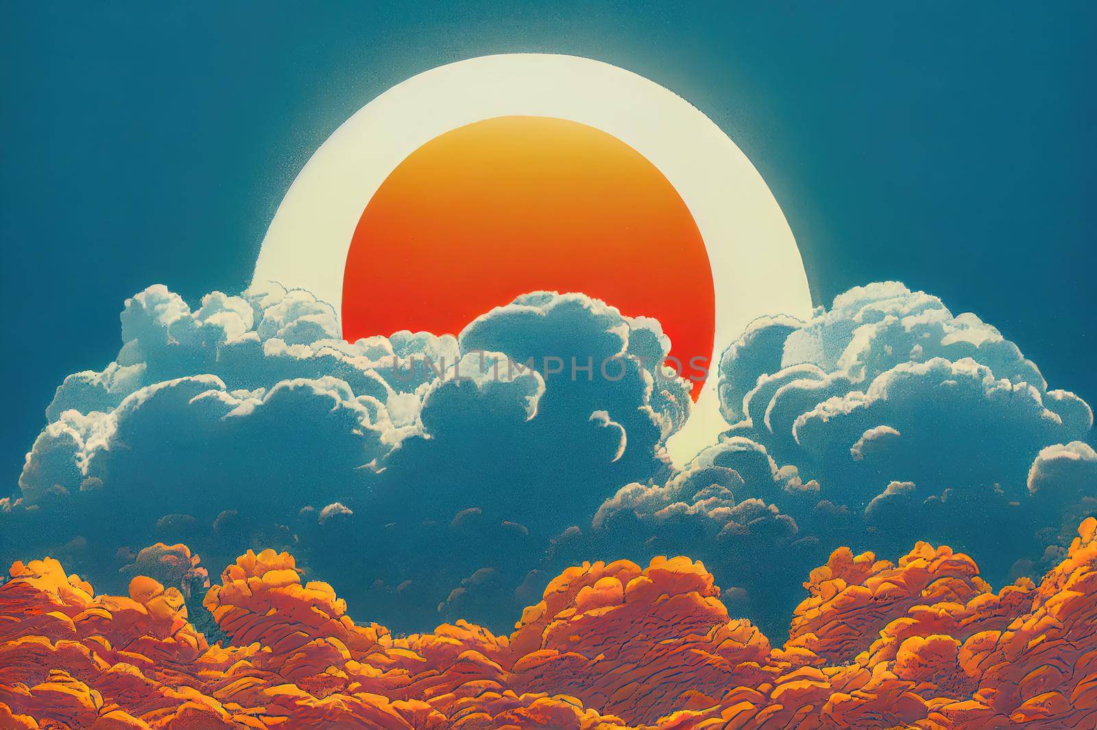 Sky blue and orange light of the sun through the clouds in the sky. High quality illustration