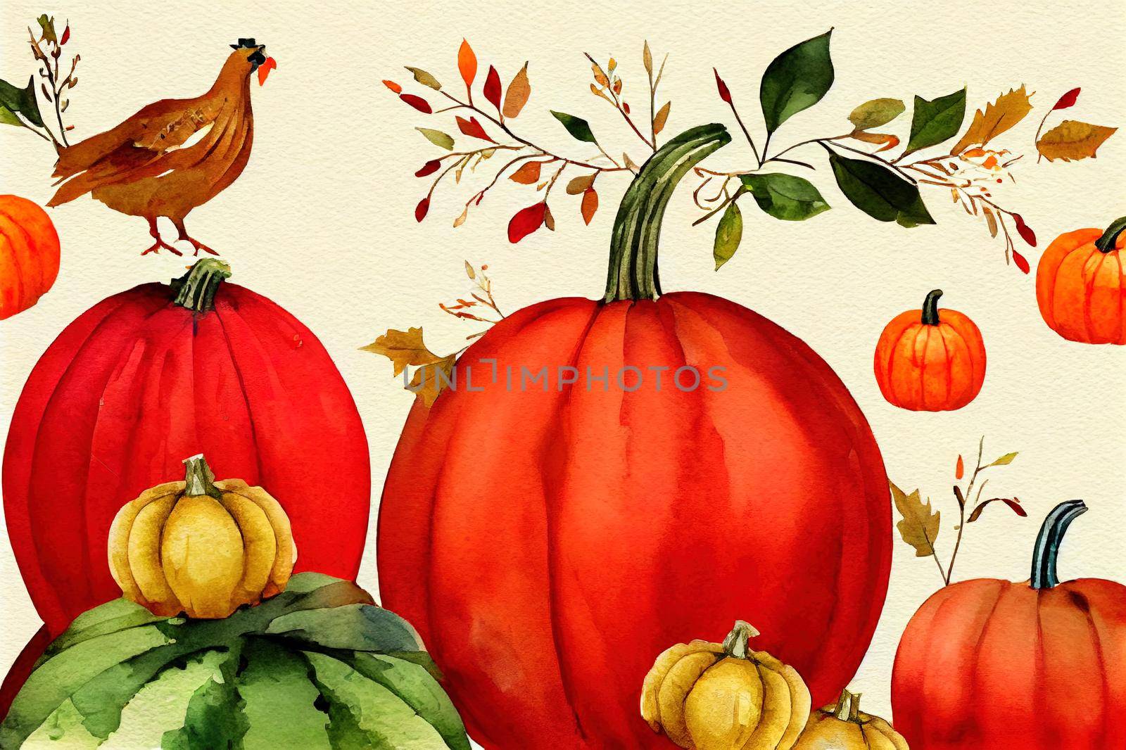 Turkey bird with pumpkins. Watercolor thanksgiving illustration. Festive autumn decoration. Turkey bird with orange pumpkins and fall leaves, berries. Thanksgiving decor. White background. High quality illustration