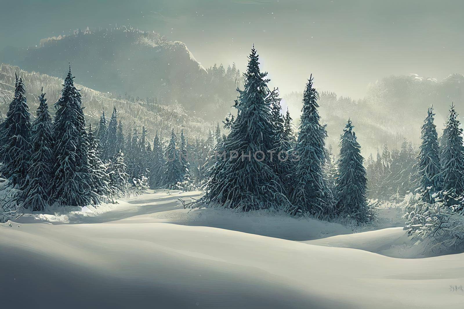 Snow firs in the winter forest. Winter snow scene. Snowy winter nature landscape. Winter snow landscape. High quality illustration