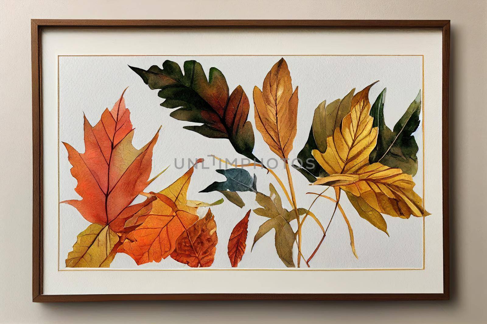Autumn leaf and foliage corner border. Watercolor hand painted fall leaves illustrtaion. Botanical frame on white background.. High quality illustration