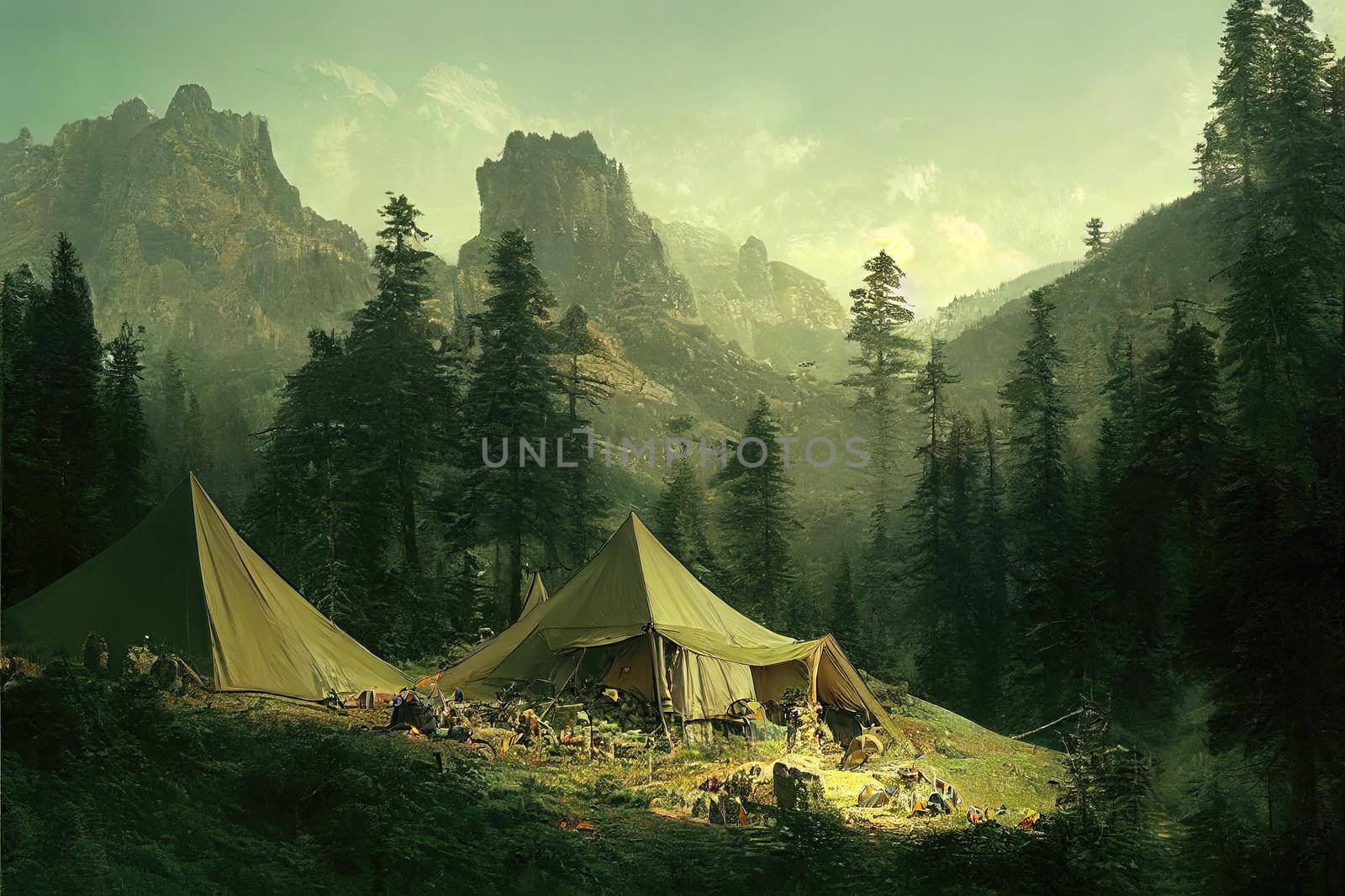 Camp in the mountains among the green hills. The camp is in the woods. Camp in the woods at the edge of mountains. Mountain forest camping. High quality illustration