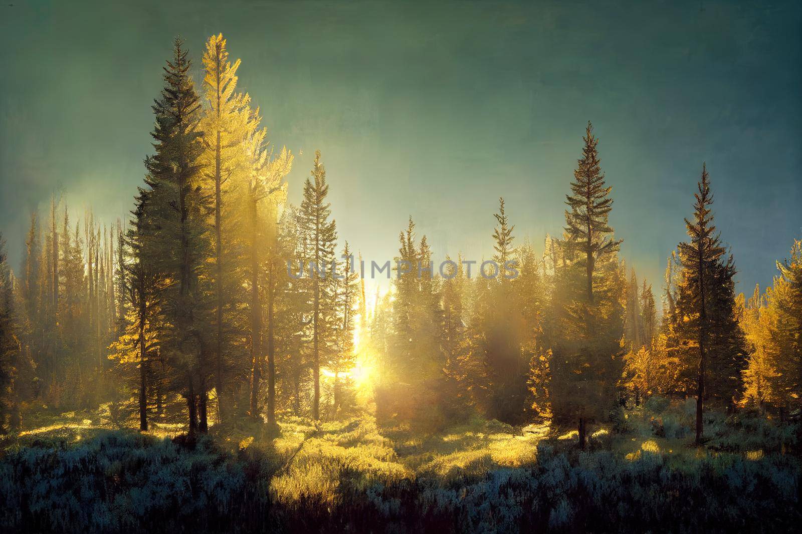 Sunlit Spruce Tree Forest. High quality illustration