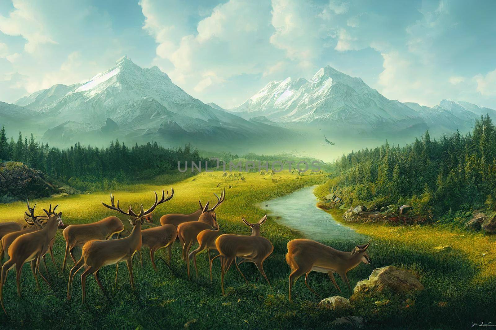 3d illustrations of deer and natural scenery by 2ragon