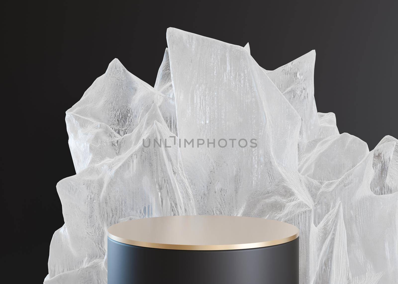 Golden podium with abstract ice or crystal form on black background. Mock up for product, cosmetic presentation. Pedestal or platform for beauty products. Empty scene. Copy space. 3D rendering. by creativebird