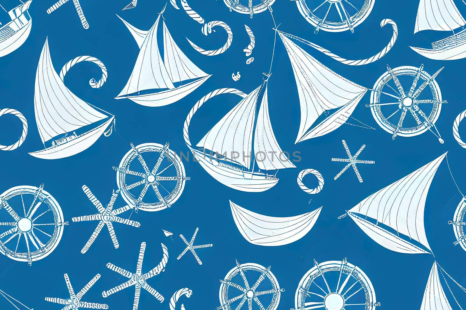 Nautical seamless pattern. 2d. Marine, sea backgrounds with sailboat, by 2ragon