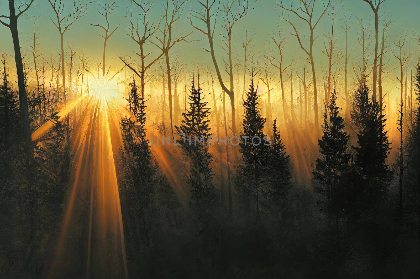 Forest Trees with Sunlight Pouring through at Sunset in by 2ragon