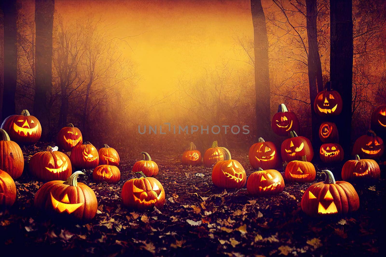 Halloween spooky background, scary pumpkins scene. Scary creepy forest in october dark night autumn gloomy creepy fall landscape with bokeh lights. Happy Halloween outdoor backdrop concept.. High quality illustration