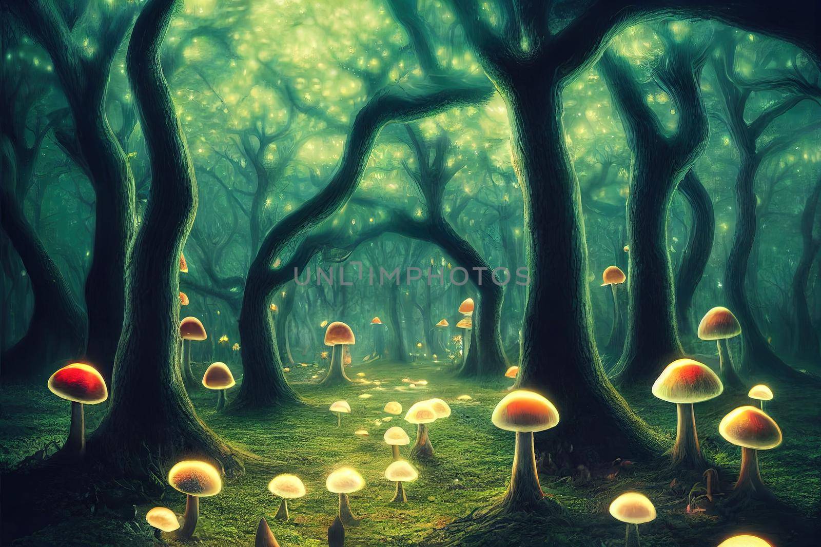 an enchanted forest at night illuminated by glowing mushrooms, fantasy, surrealism! 3d illustration. High quality illustration