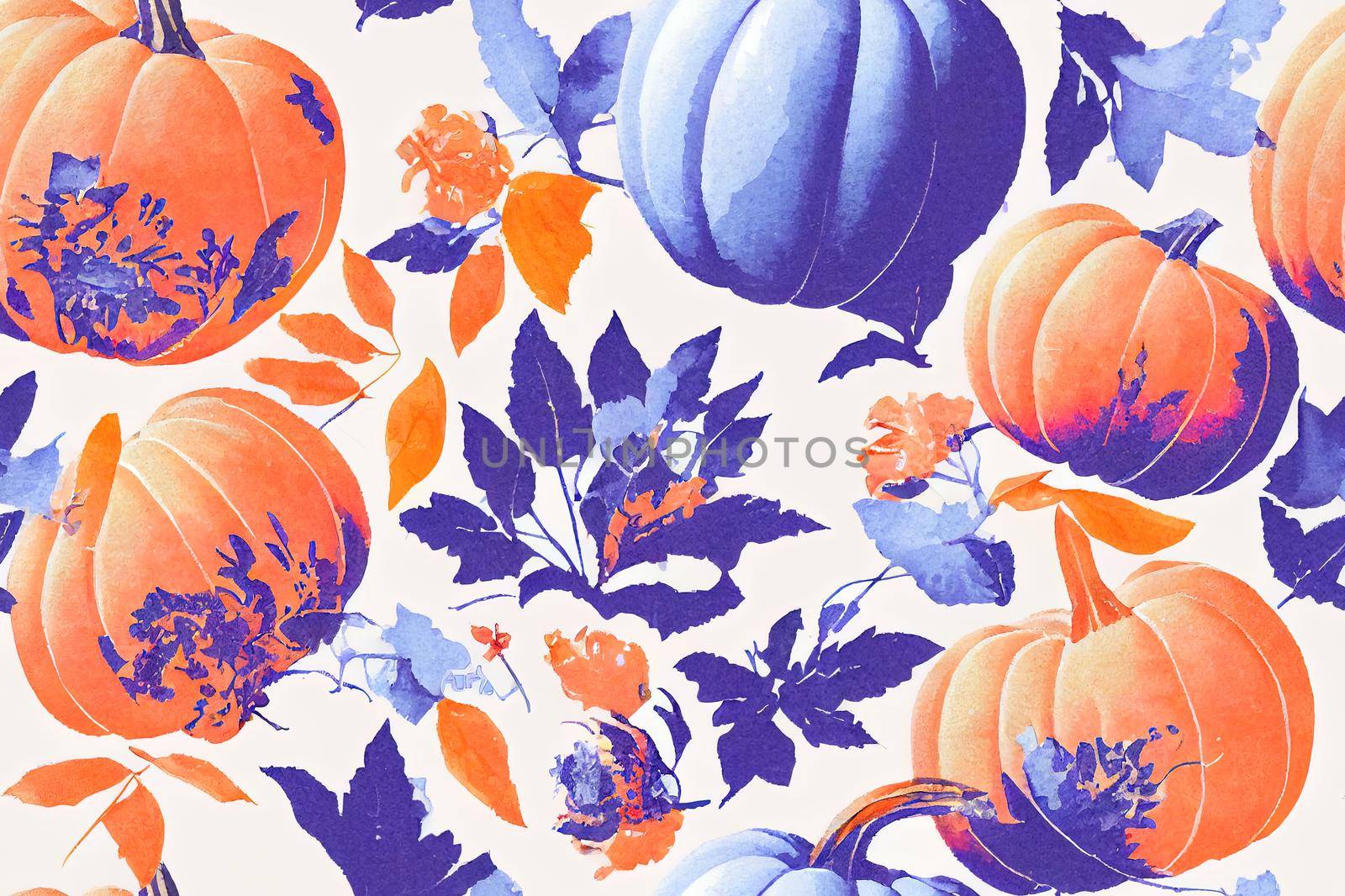 watercolour floral pumpkin seamless repeat pattern, in orange, blue and purple on a white background, perfect for scrapbooking, paper crafts. High quality illustration