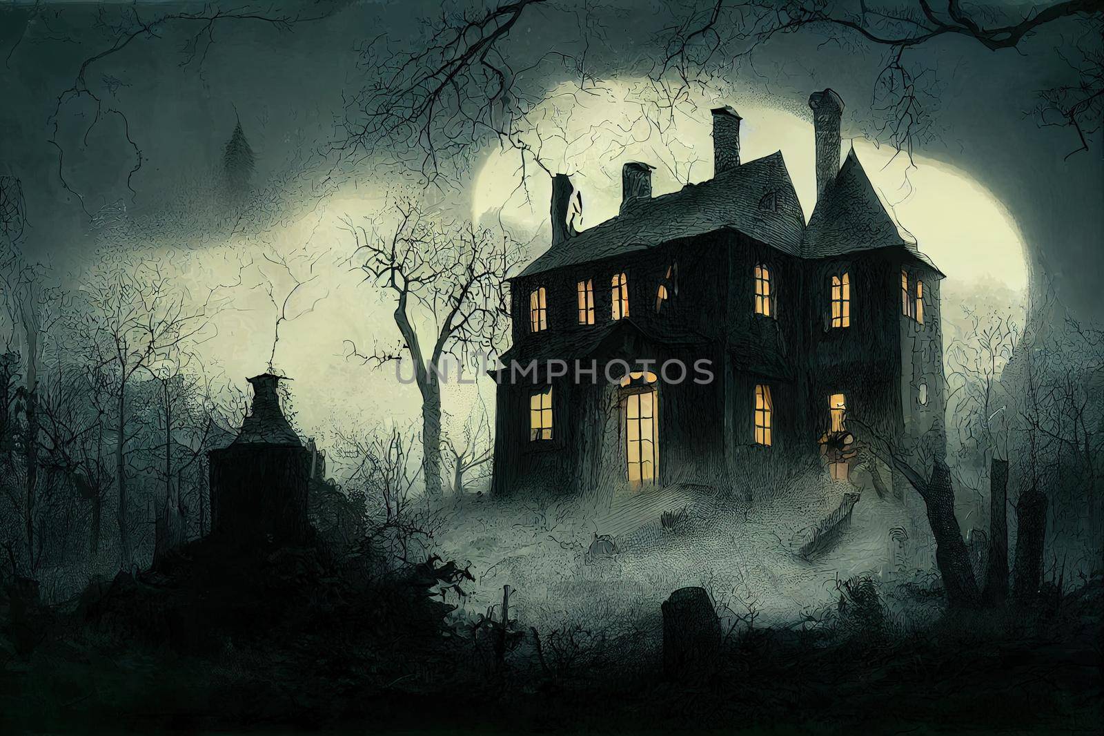 Graphic illustration of spooky house in the woods, for by 2ragon