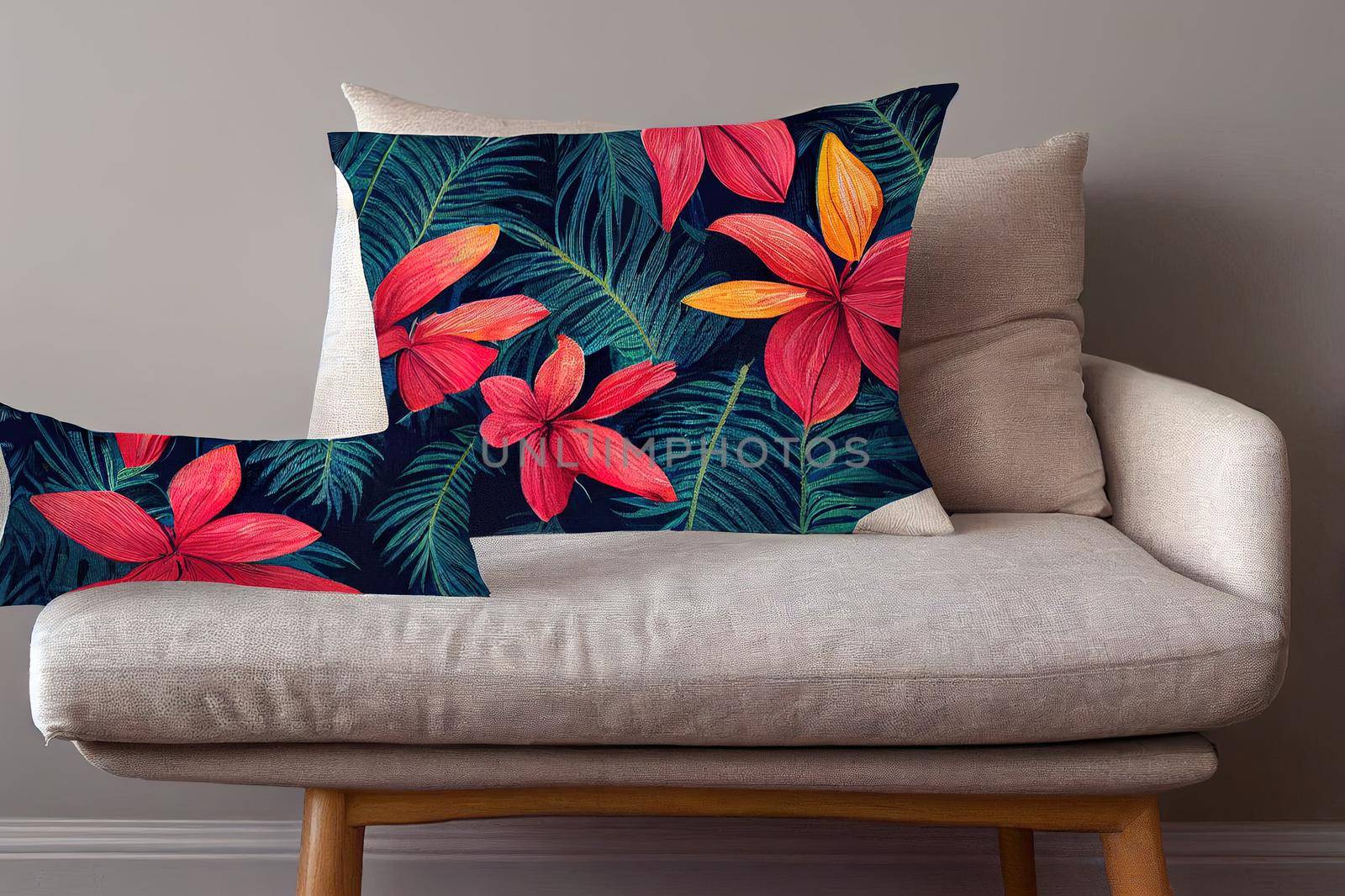 Square composition in tropical leaves and flowers. Bandana, pareo, pillow, home textile design. Floral exotic enchanting background for shawl print, textile, covers, pillow, napkin, hijab.. High quality illustration