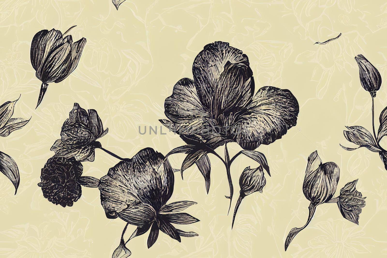 Floral seamless pattern. Hand drawn large flower buds. Flower silhouettes. Botanical background. Summer garden texture.. High quality illustration