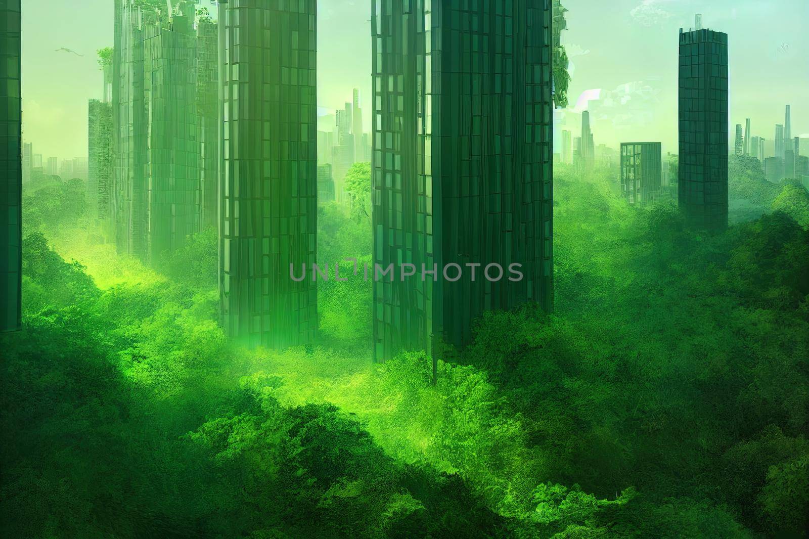 3D Illustration of a futuristic green city with highrise buildings and terraces covered in vegetation, for environmental architecture backgrounds.. High quality illustration
