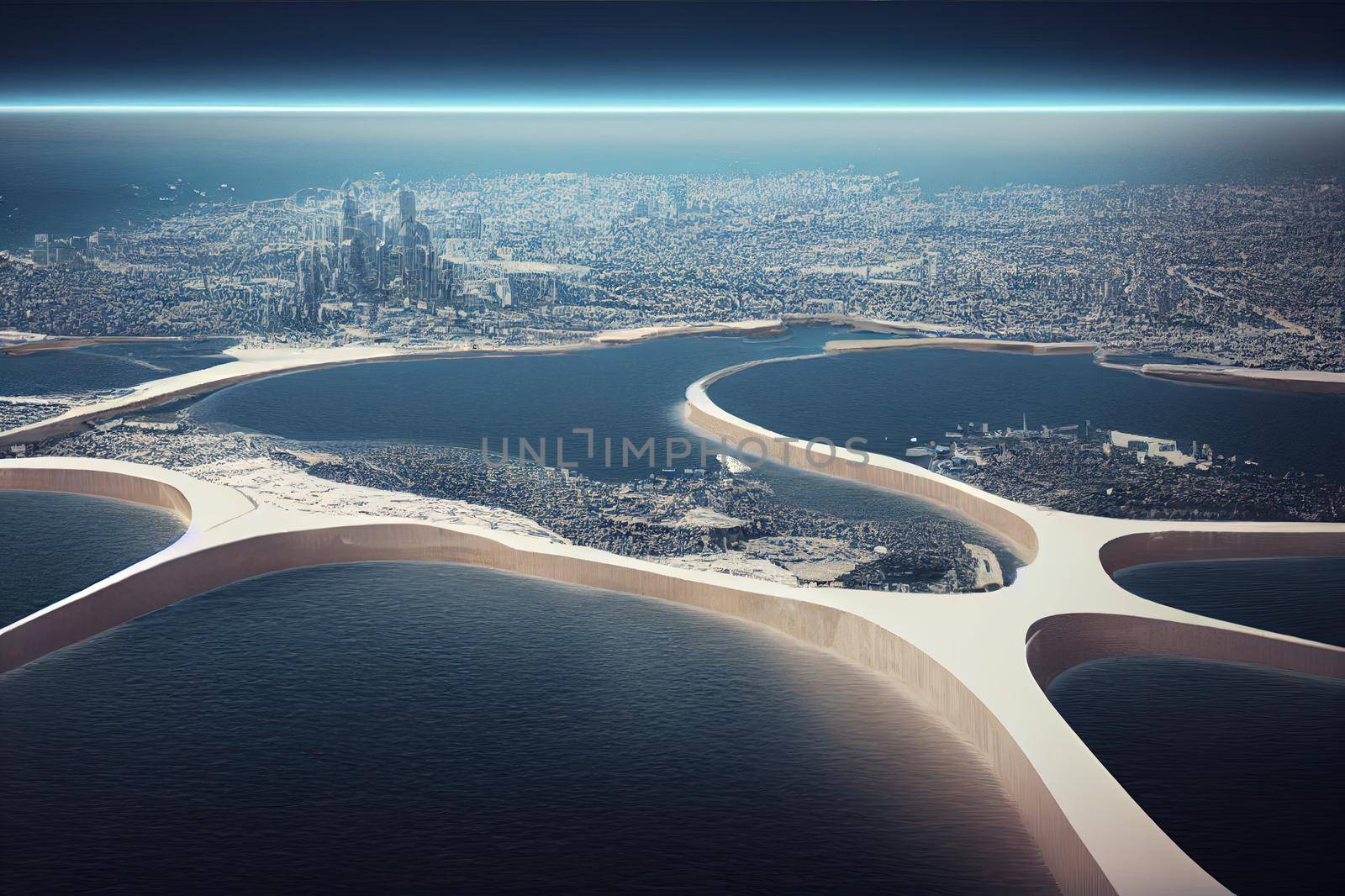 Future City on the coast.3d render. High quality illustration