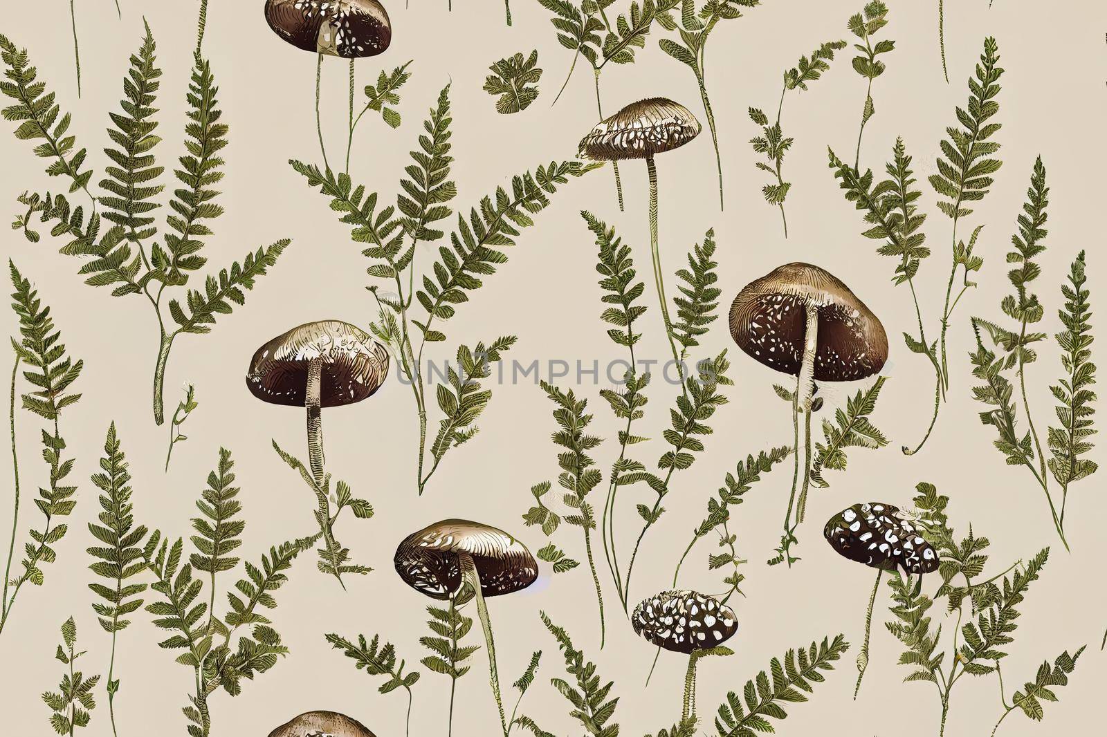 Vintage woodland nature seamless pattern. Amanita mushroom, fern, forest by 2ragon