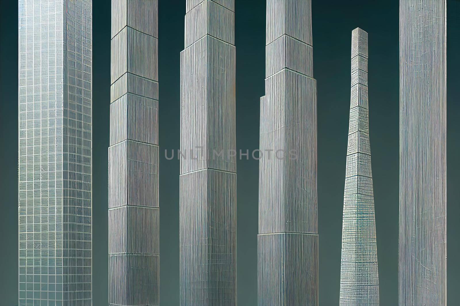 Abstract 3d city rendering with lines and digital elements. Digital skyscrappers with wire texture. Technology and connection concept. Perspective architecture background with wireframe skyscrapers.. High quality illustration