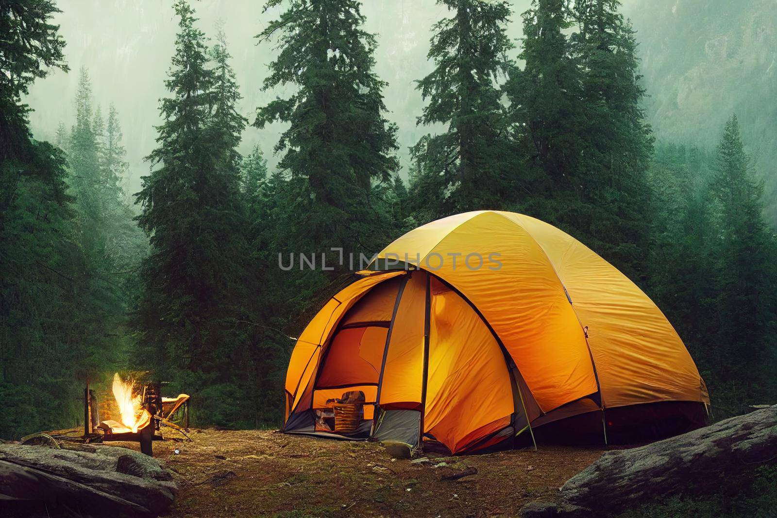 Camping in mountain forest. Camp in woods. Forest camp in mountains. Camping houses in mountain forest. High quality illustration