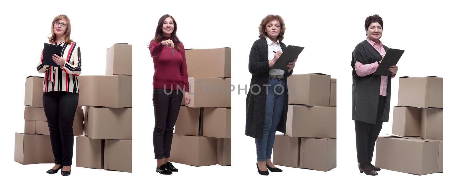 Collage of people lifting heavy cardboard box isolated on white background.