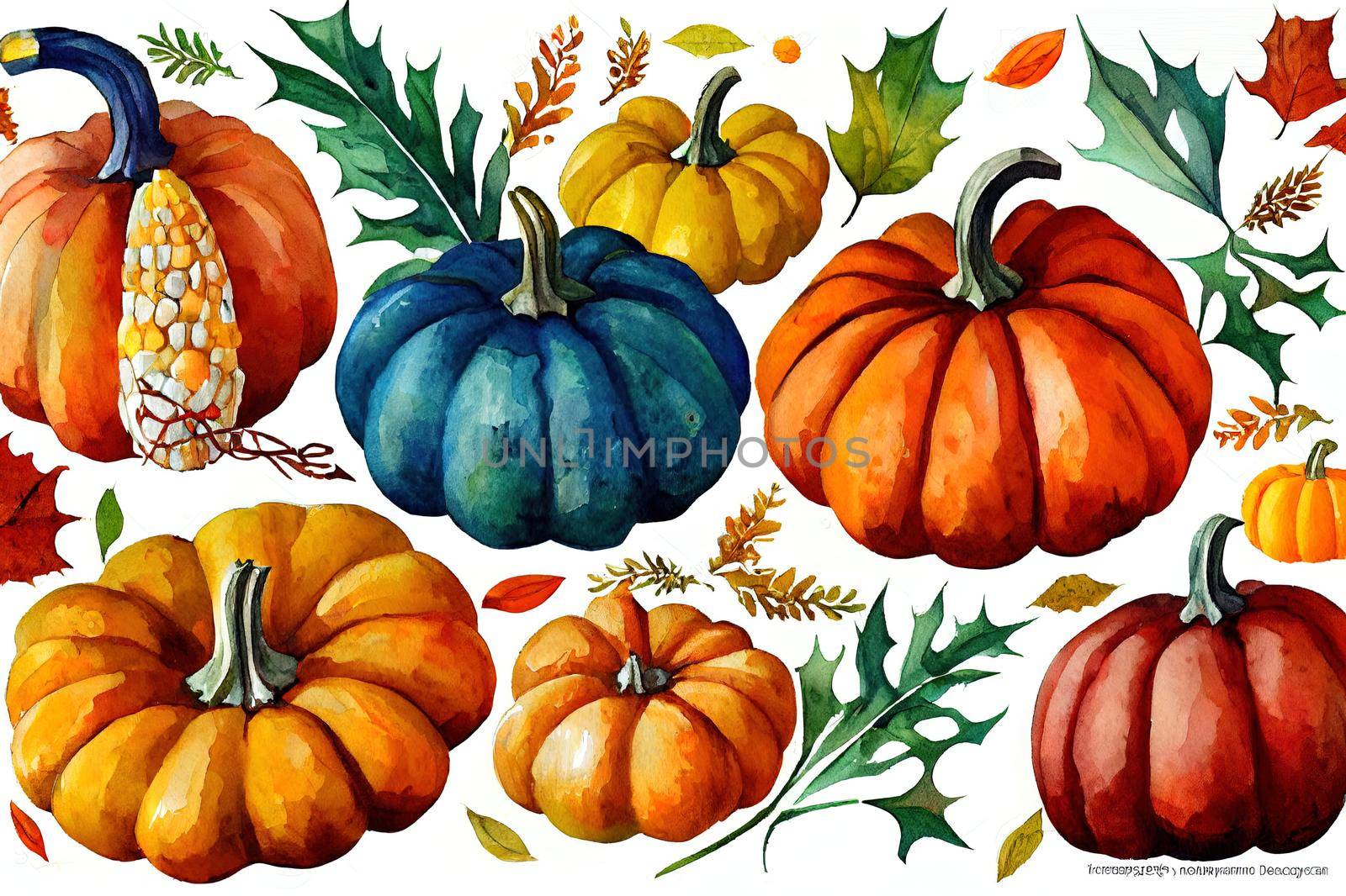 Watercolor festive autumn decor of colorful pumpkins, corn, chestnuts and leaves. Concept of Thanksgiving day or Halloween. Botanical illustration isolated on white background.. High quality illustration