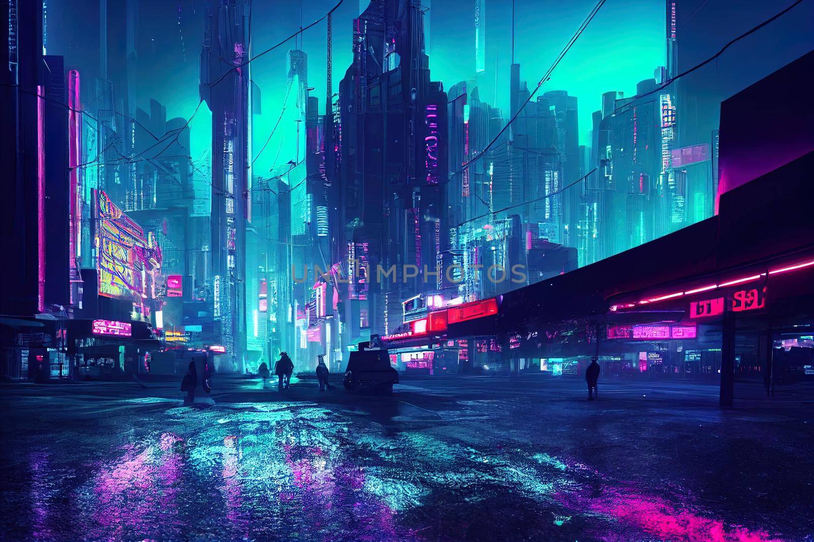 Photorealistic 3d illustration of the futuristic city in the style of cyberpunk. Empty street with neon lights. Beautiful night cityscape. Grunge urban landscape.. High quality illustration
