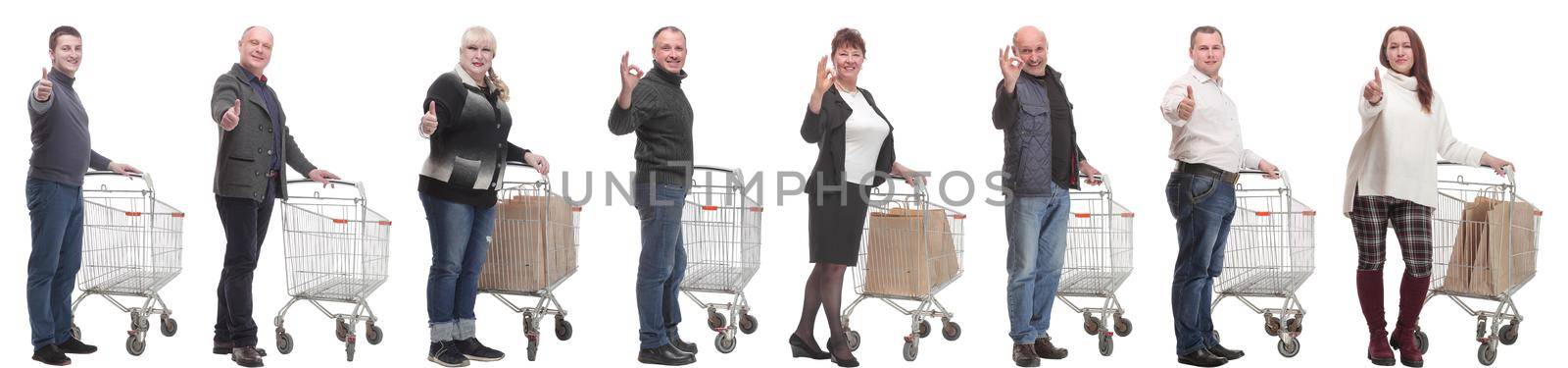 group of people with cart showing thumbs up isolated on white background