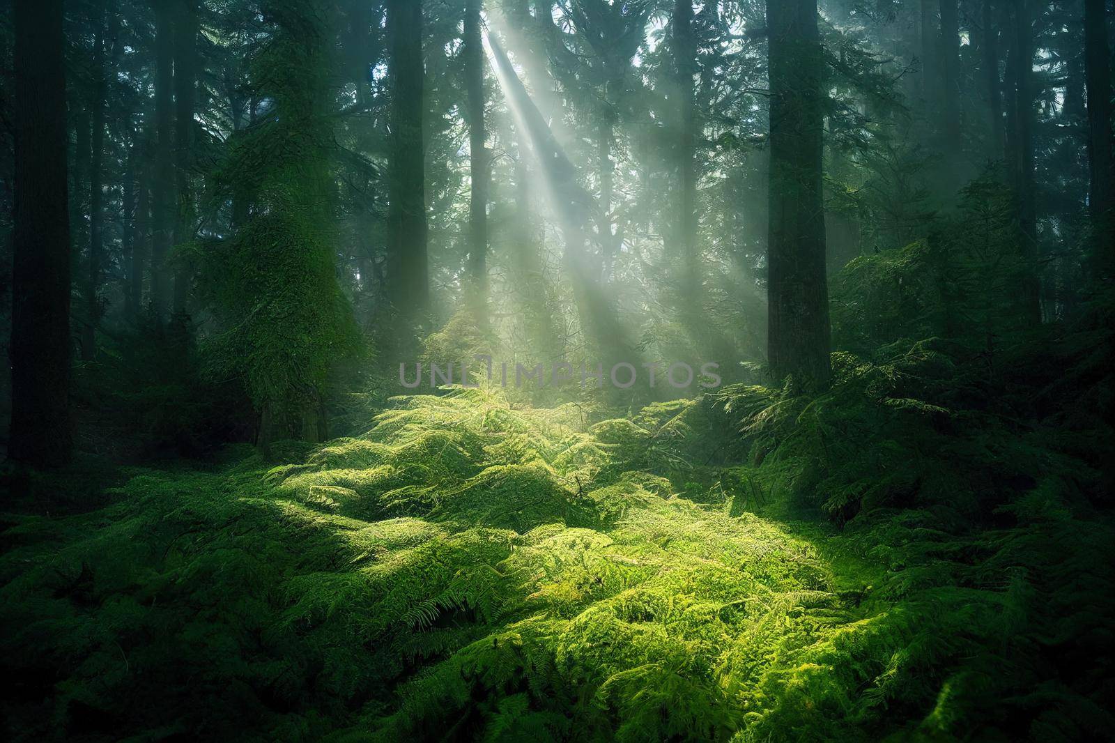 Spruce Tree Forest, Sunbeams through Fog illuminating Moss and by 2ragon