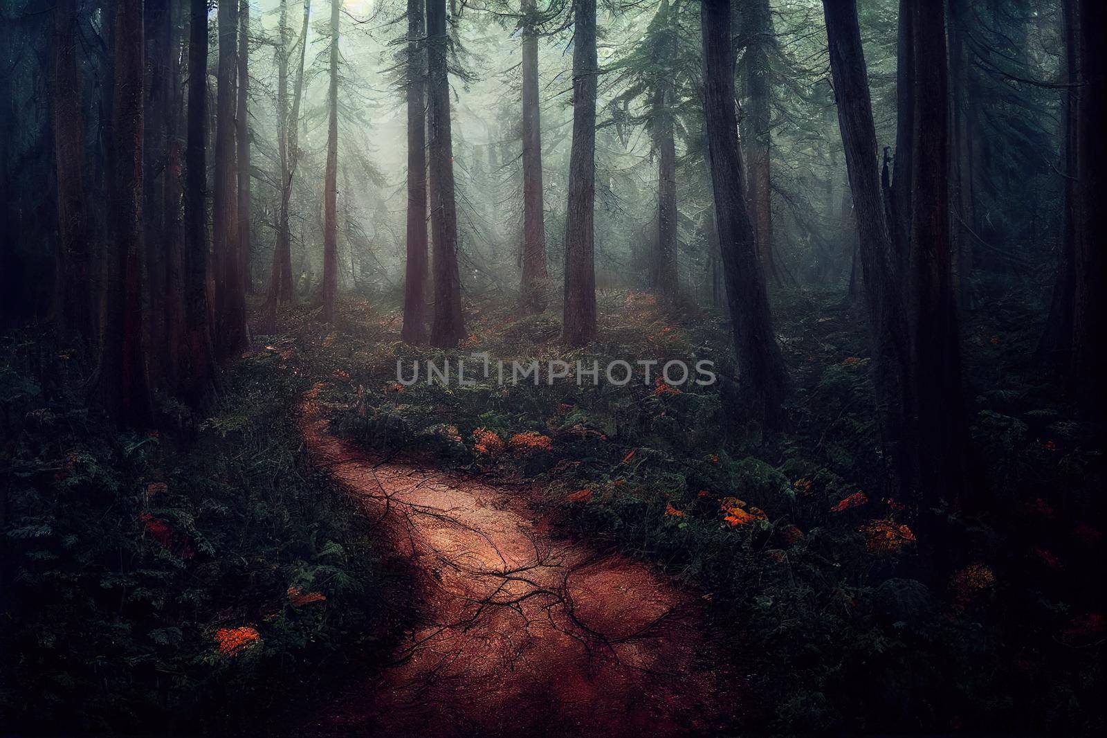 Forest in British Columbia with moody lights and colors. A path leads through the warm summer park. High quality illustration