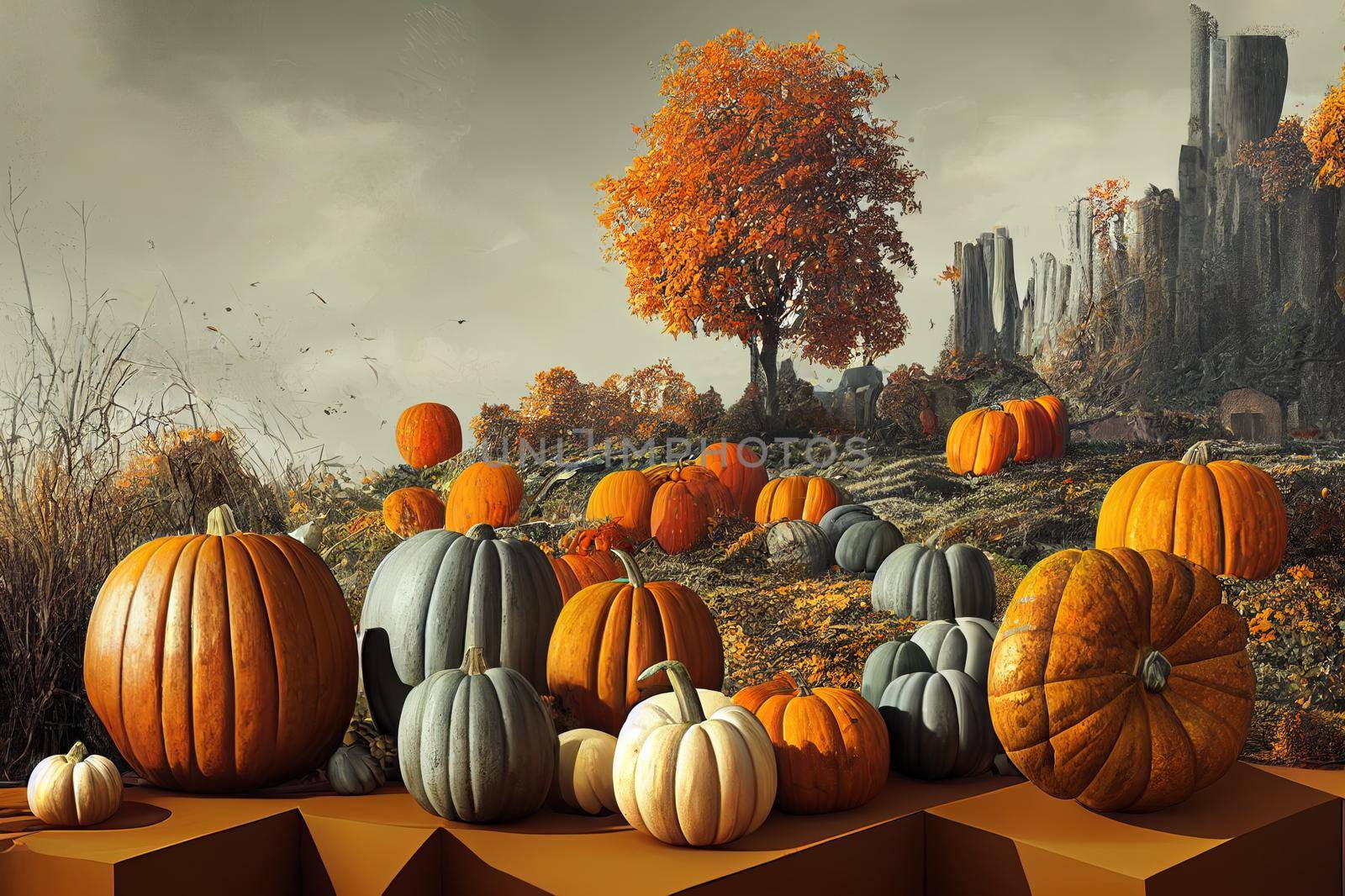 Abstract autumn landscape scene with Product stand and pumpkins. 3d rendering background.. High quality illustration