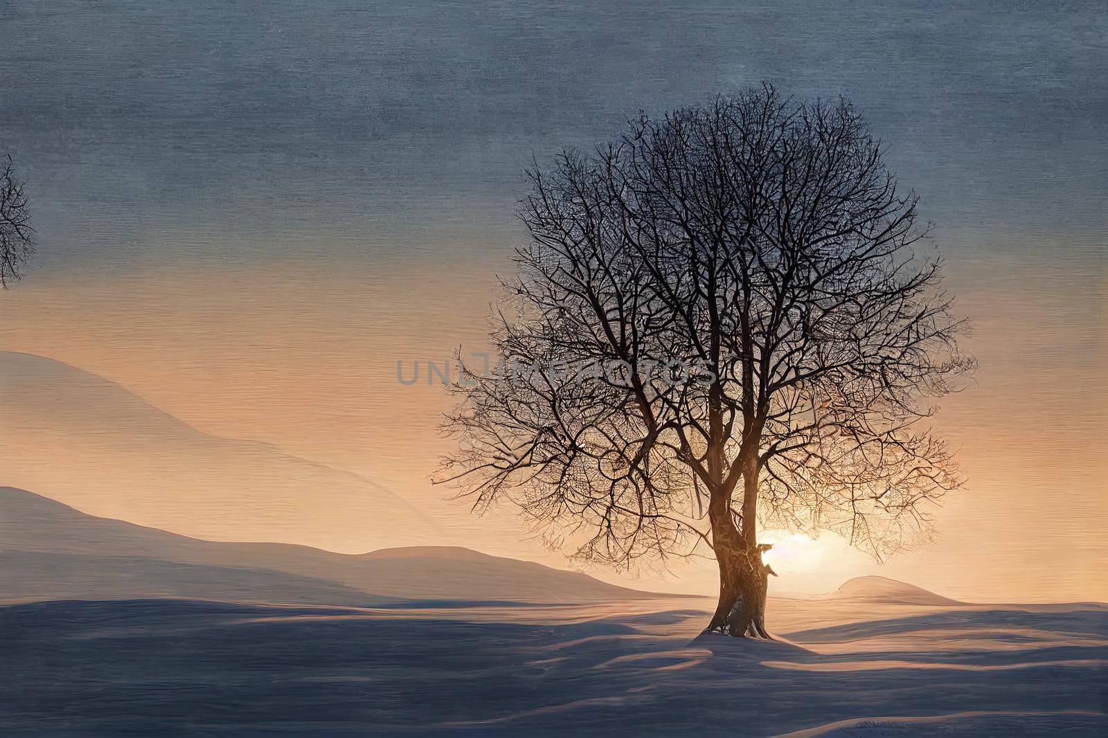 A tree on the background of a winter dawn. Winter dawn landscape. Beautiful sunrise in winter. Winter sunrise view. High quality illustration