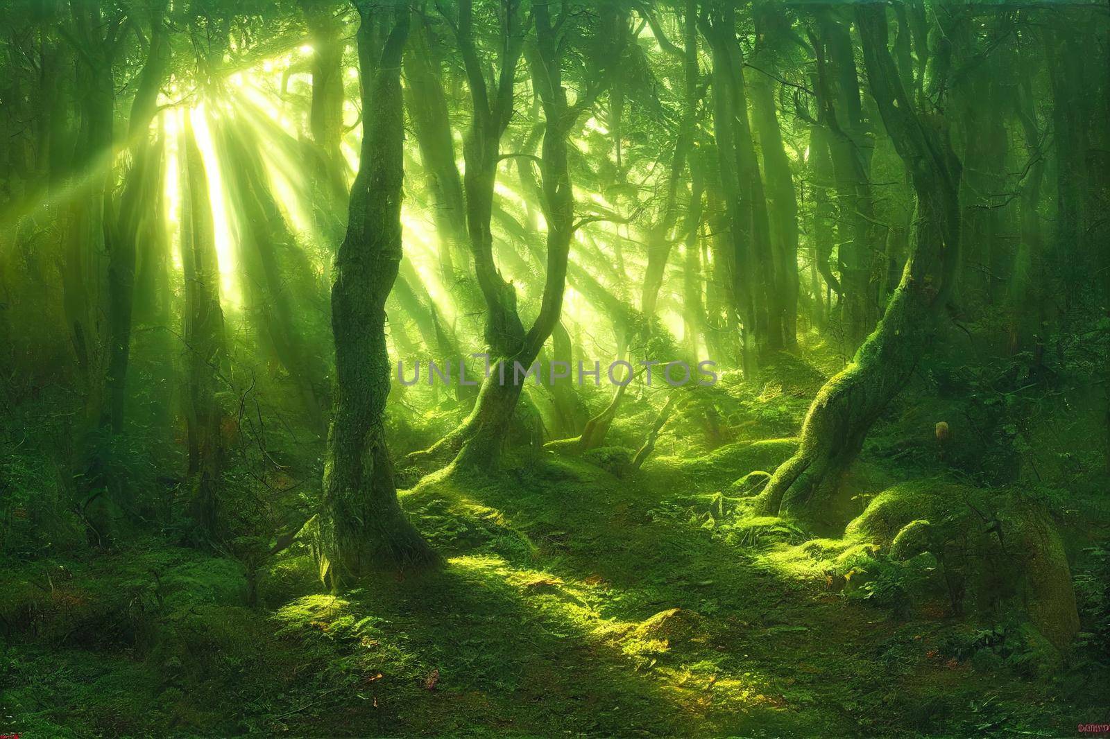 golden sunlight in a mysterious Scandinavian forest, a forest of myths and legends, rays of the sun, a mossy ancient woods, a forest from a fairy tale, picturesque. High quality illustration
