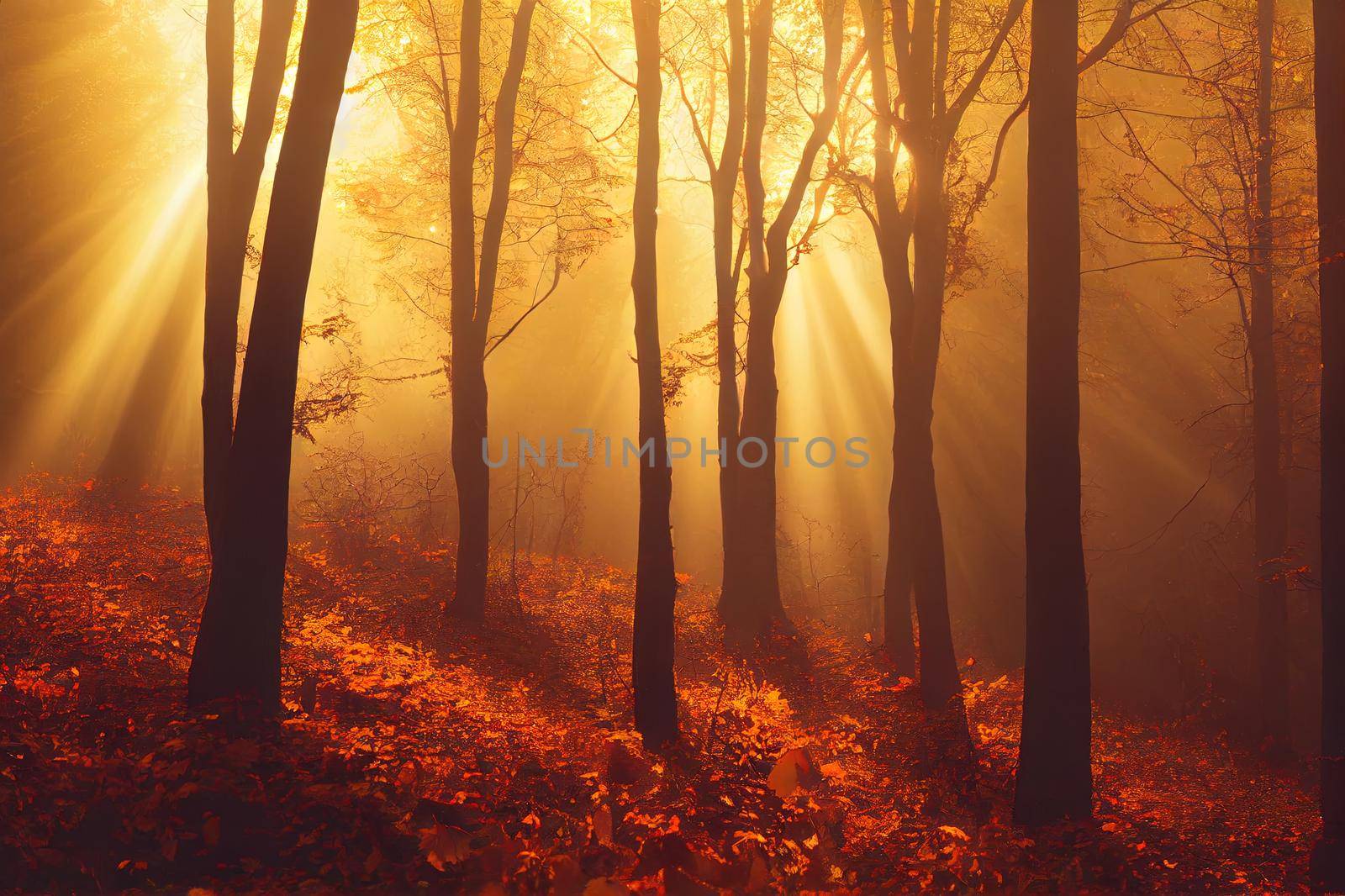 Black Forrest in Germany. Orange Evening Sun shines through the golden foggy forest Woods. Magical Autumn Forrest. Colorful Fall Leaves. Romantic Background. Sunrays before Sunset. Landscape format. High quality illustration