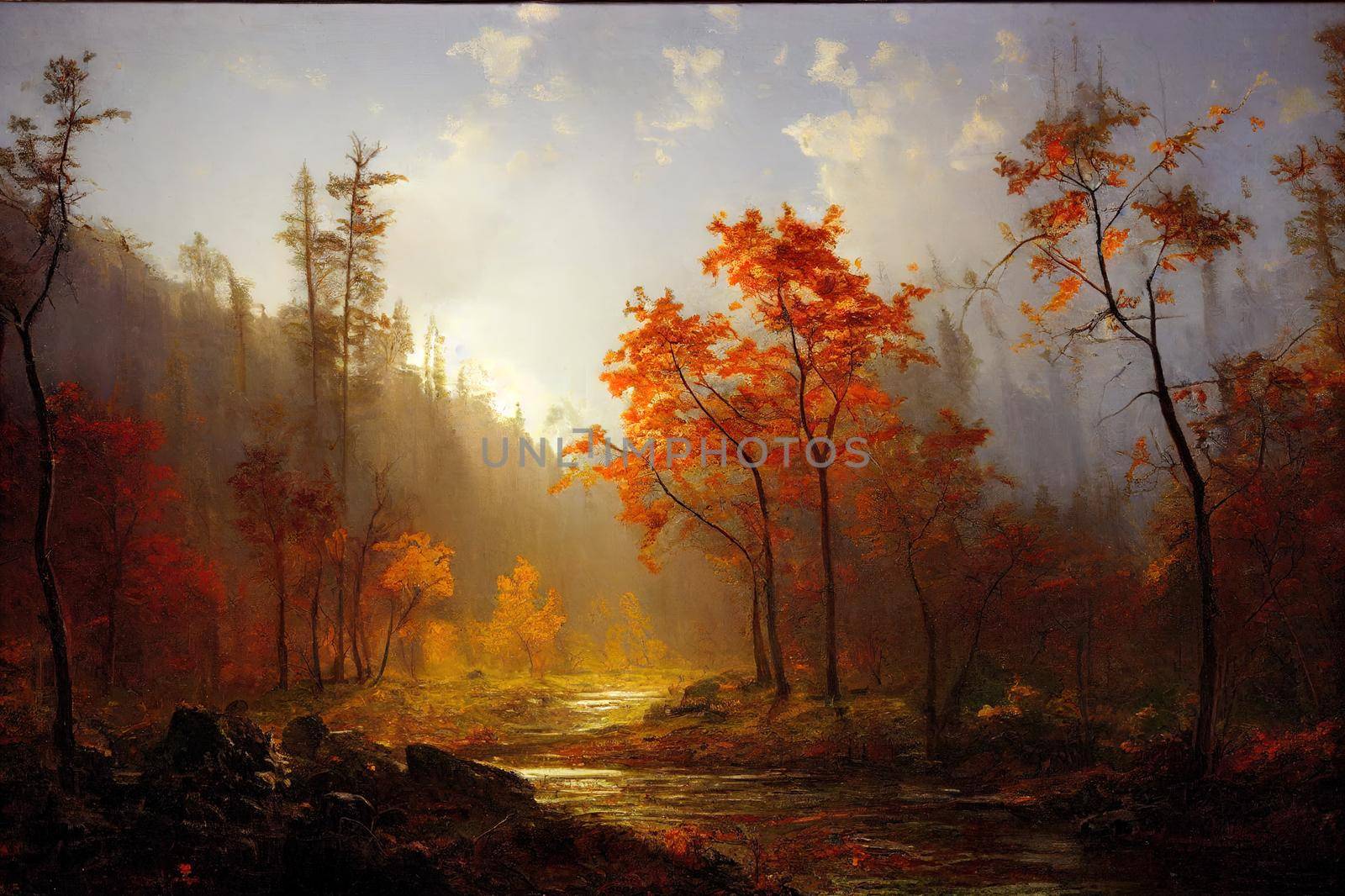 Autumn morning in the forest. High quality illustration