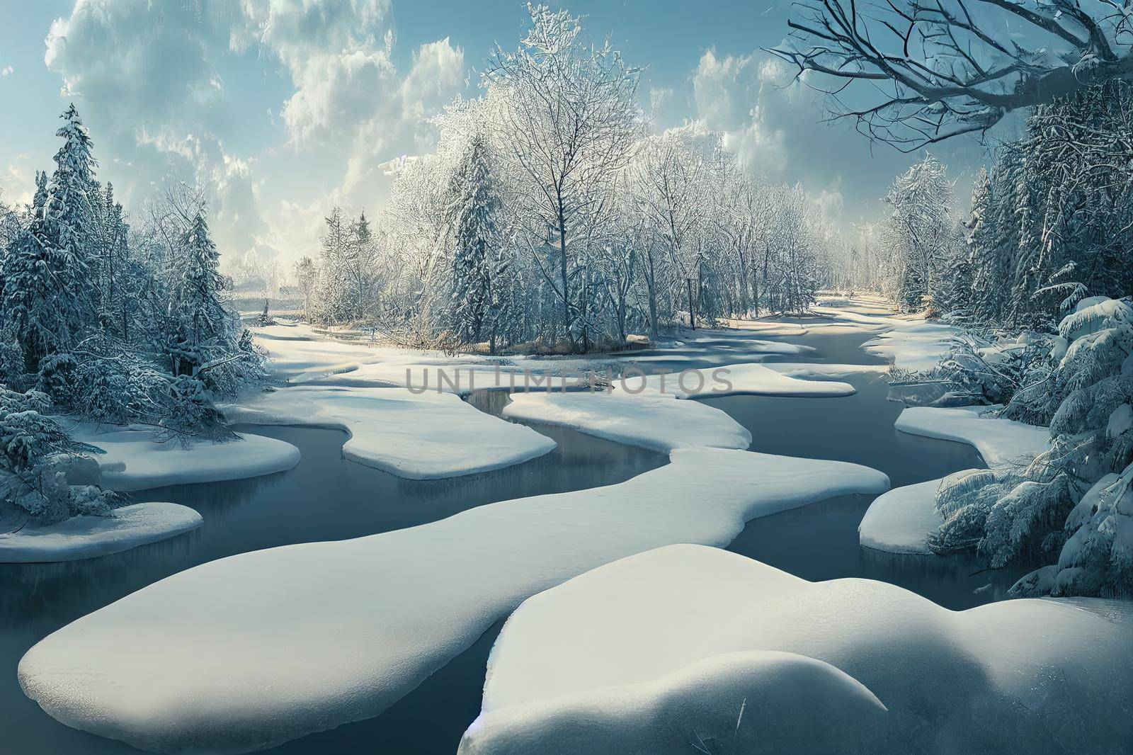 Clouds over the river in the winter snow forest. River reflection in winter snow forest. Winter river in snowy forest. Winter river landscape. High quality illustration