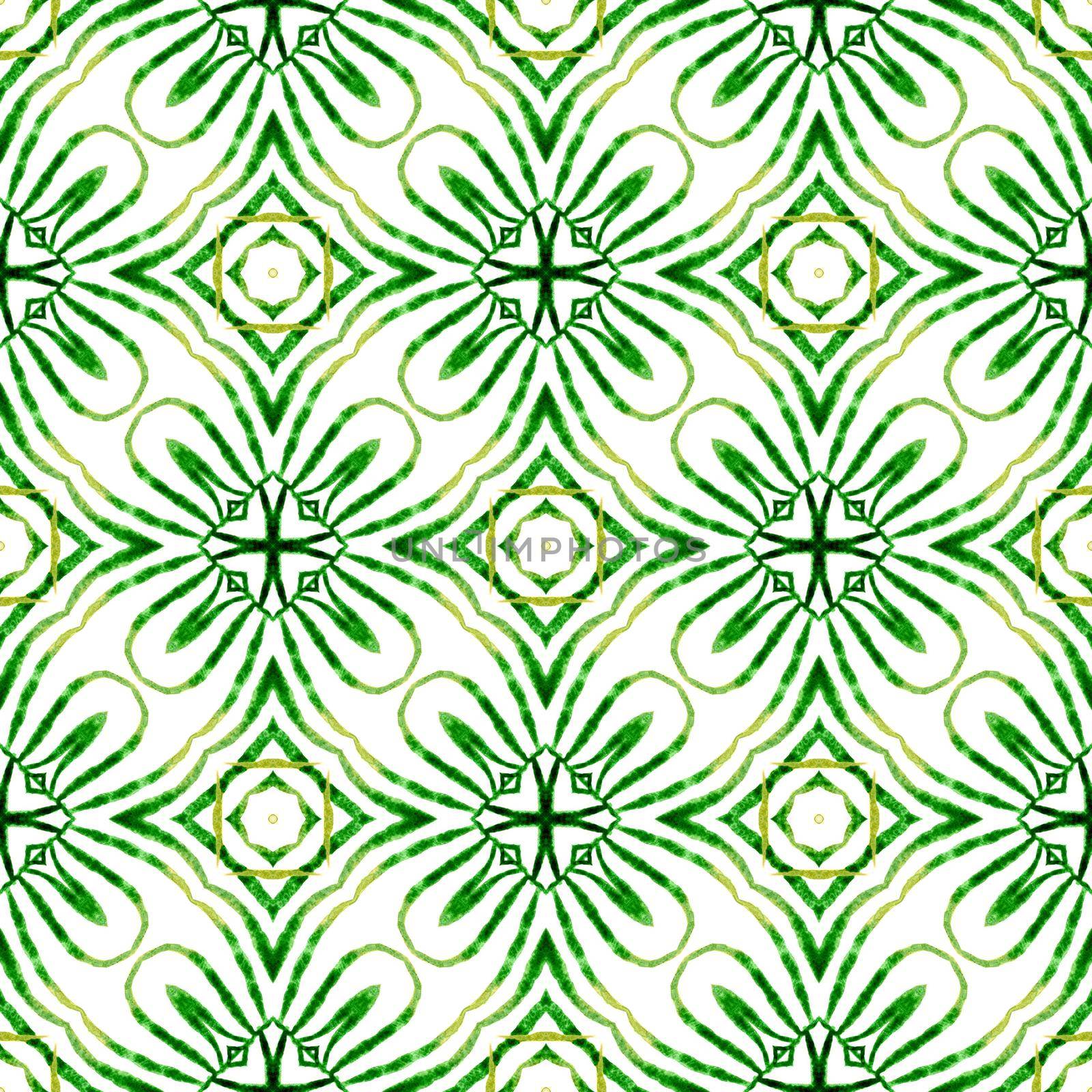 Summer exotic seamless border. Green quaint boho chic summer design. Textile ready terrific print, swimwear fabric, wallpaper, wrapping. Exotic seamless pattern.