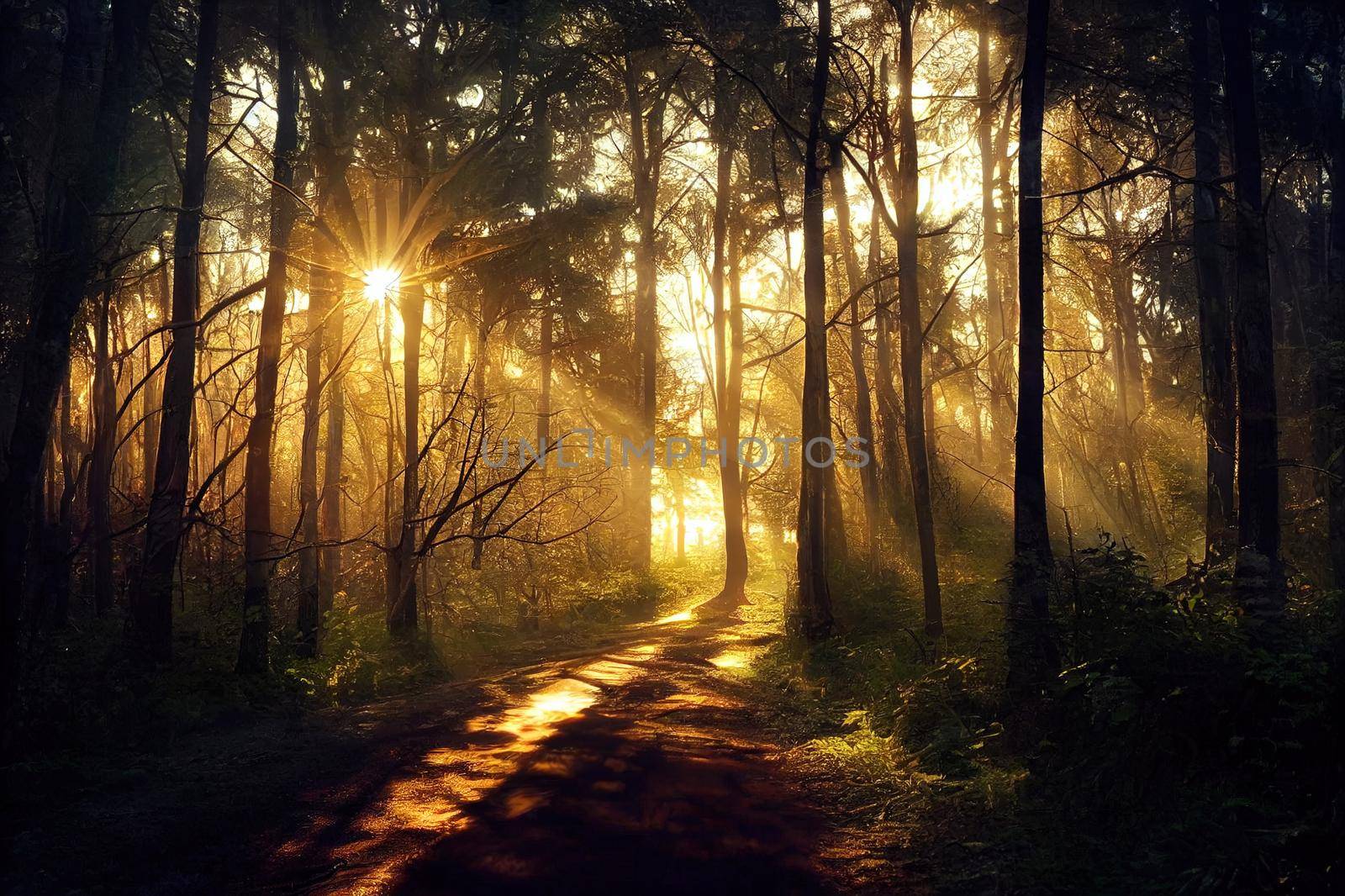 Sunset Or Sunrise In Forest Landscape. Sun Sunshine With Natural Sunlight And Sun Rays Through Woods Trees In Summer Forest. Beautiful Scenic View. Natural Real Lens Flare Effect. High quality illustration