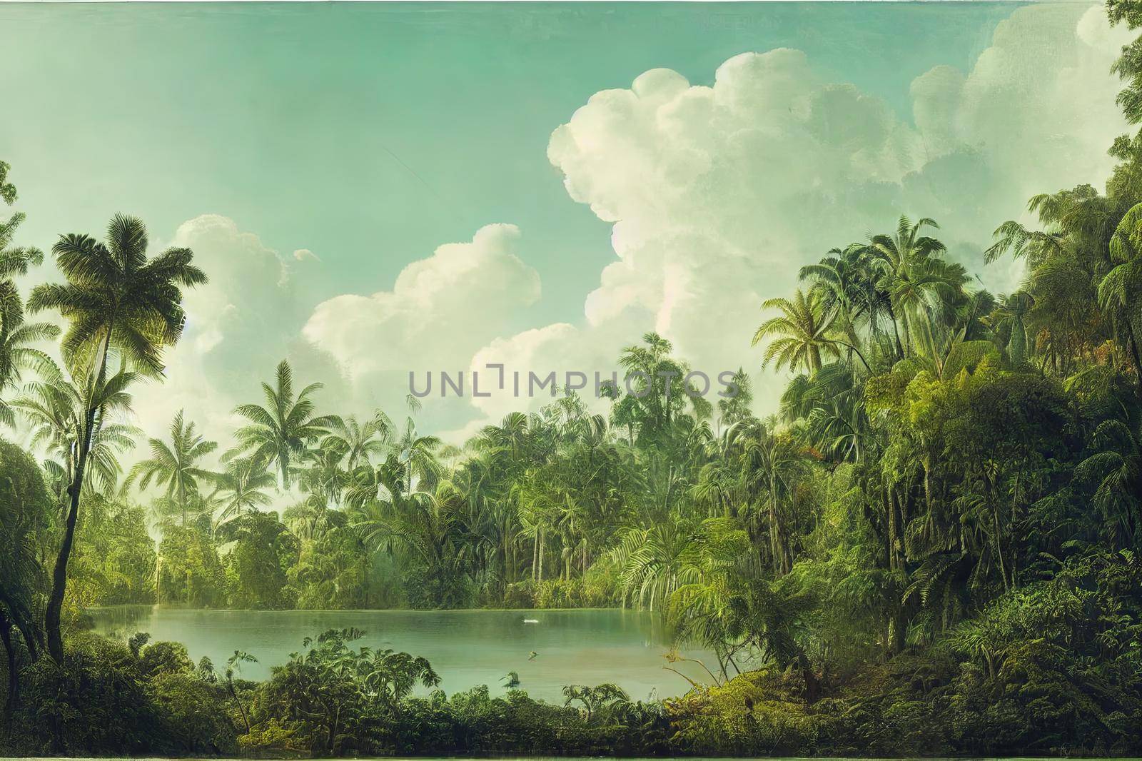 Dense Tropical Forest. Landscape with Lake, Green Fern Trees, Palms, Without People. New Zealand Tropical Woods. Tropical Rainforest Vegetetion. Palm Trees, Lianas and Creepers. Cloudy Sunny Sky.. High quality illustration
