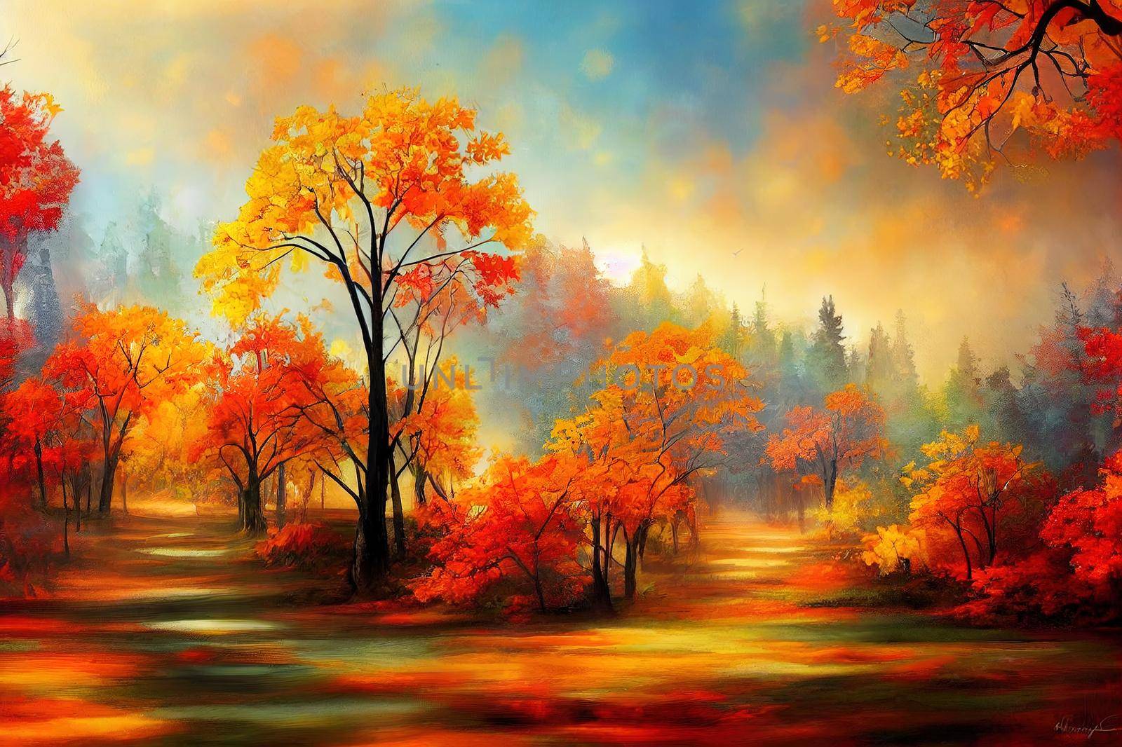 Abstract autumn landscape. Beautiful artistic image for creative design projects posters, banners, cards, websites, invitations, magazines, wallpapers, books. Acrylic on canvas.. High quality illustration