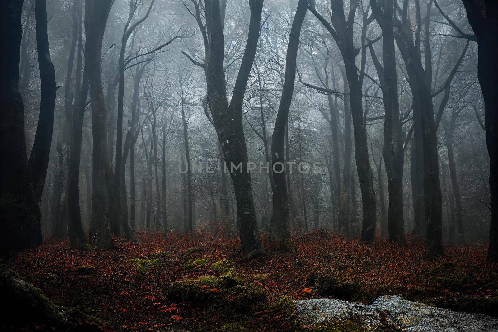mystical landscape in the beech forest with few leaves shrouded in dense fog in the cold season. High quality illustration