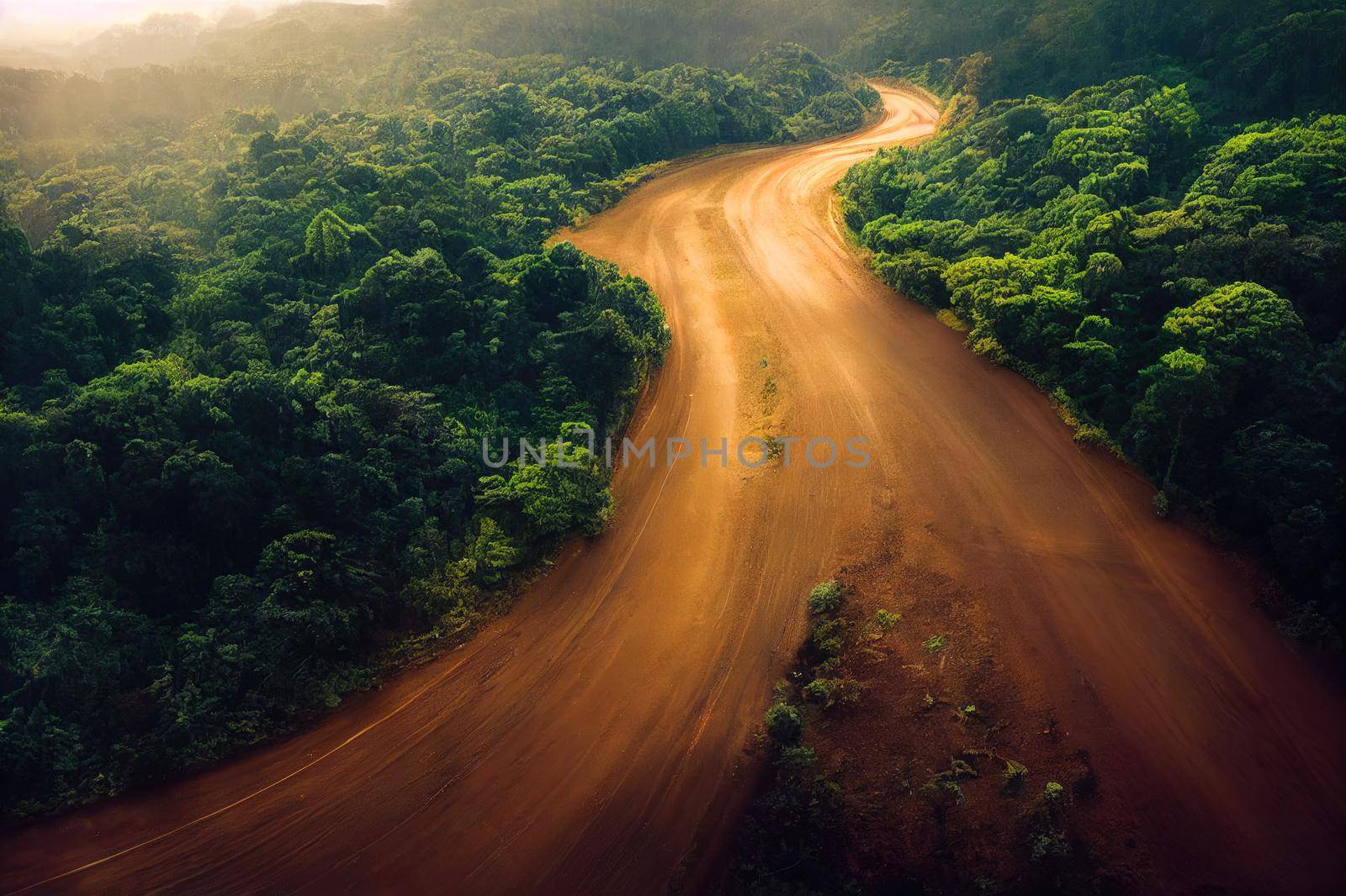 Aerial top view rural road in the forest, dirt road or mud road and rain forest, Aerial view road in nature, Ecosystem and healthy environment. High quality illustration