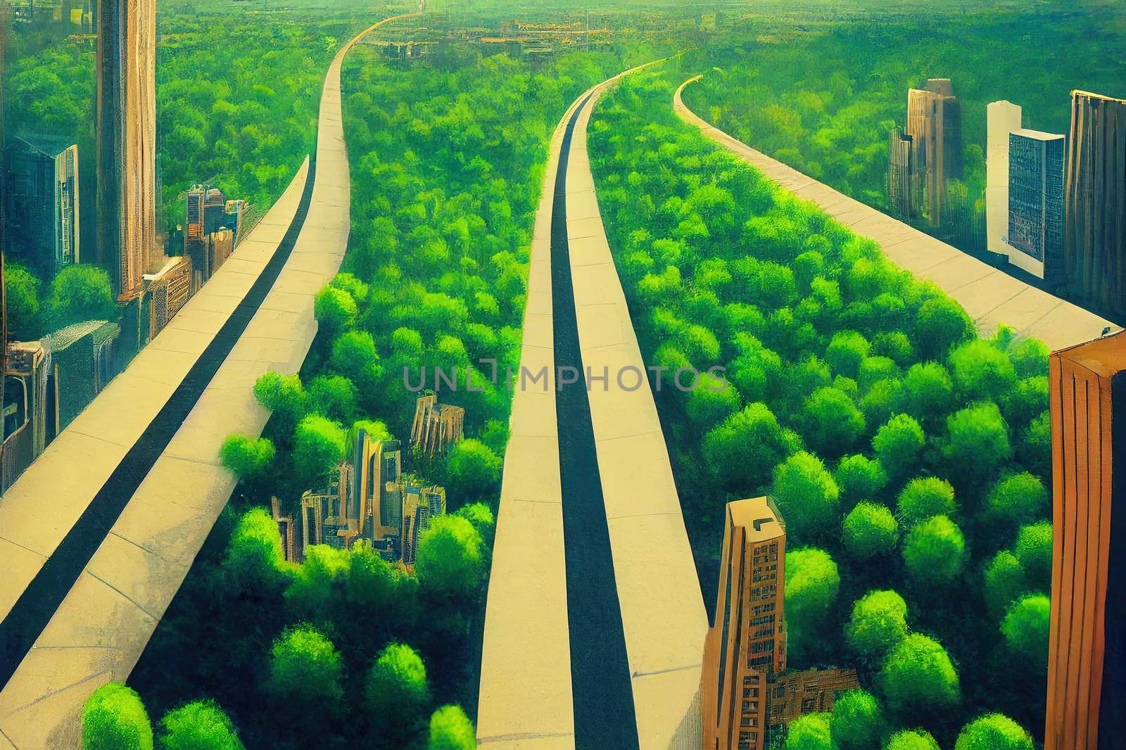 Green city of the future. City of the future. Harmony of city and nature. Sunny day in the big city. Deserted quarter, streets without people. High quality illustration
