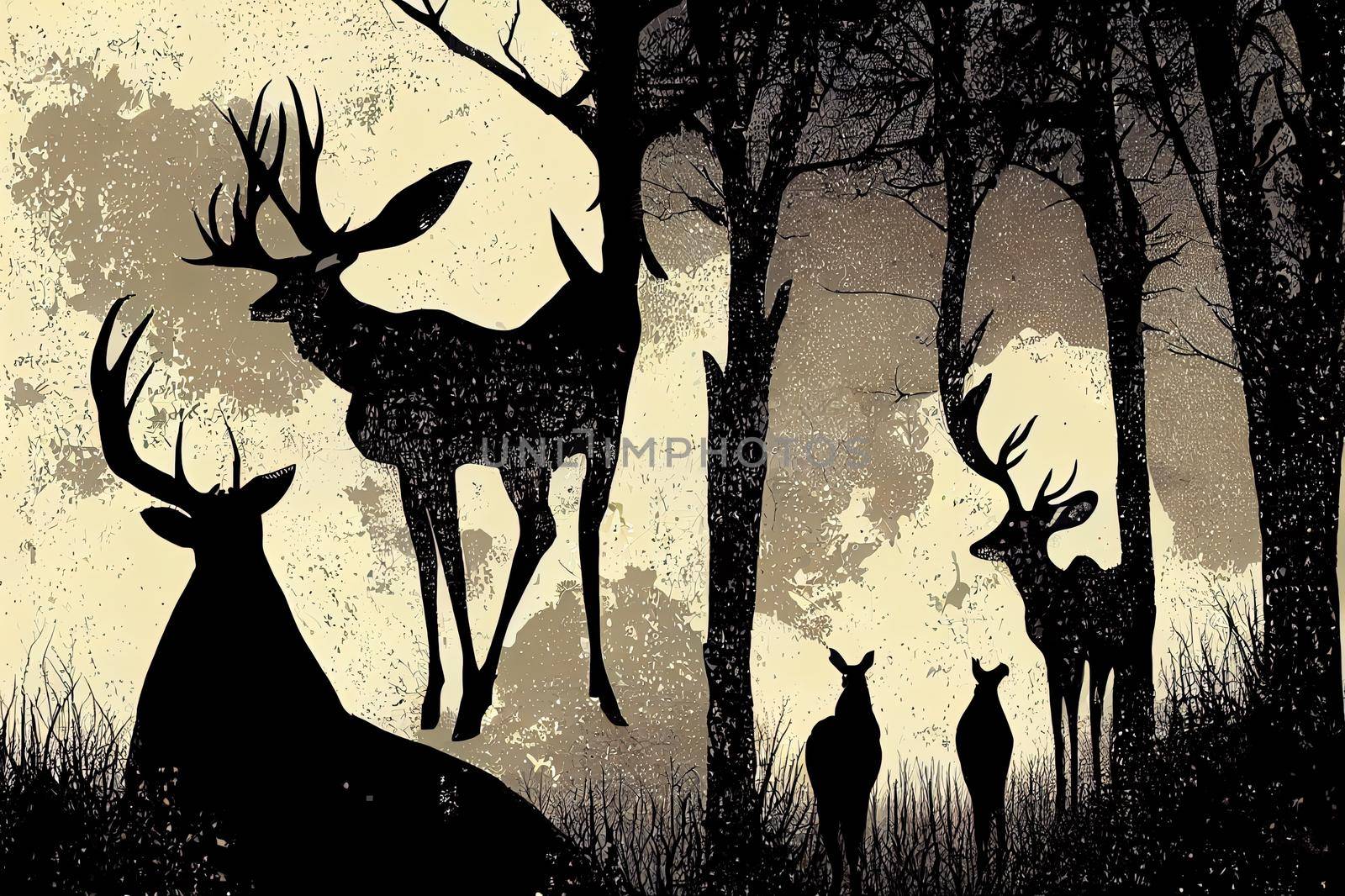 deer in the woods, 2d illustration. trees silhouette and by 2ragon