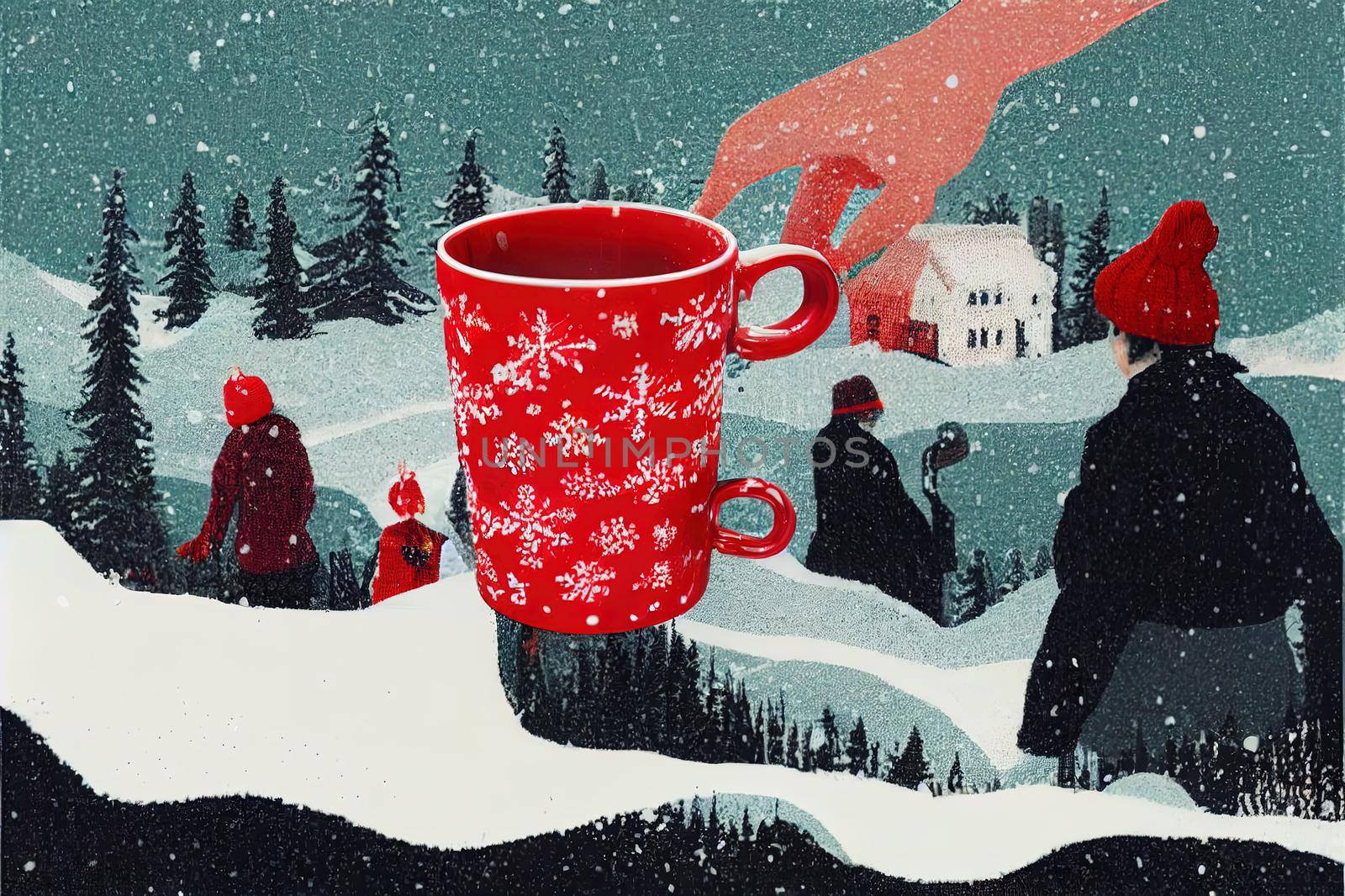 a red mug in the hands of those dressed in knitted mittens against the backdrop of a blurred snow landscape. a warming drink for a winter morning. High quality illustration
