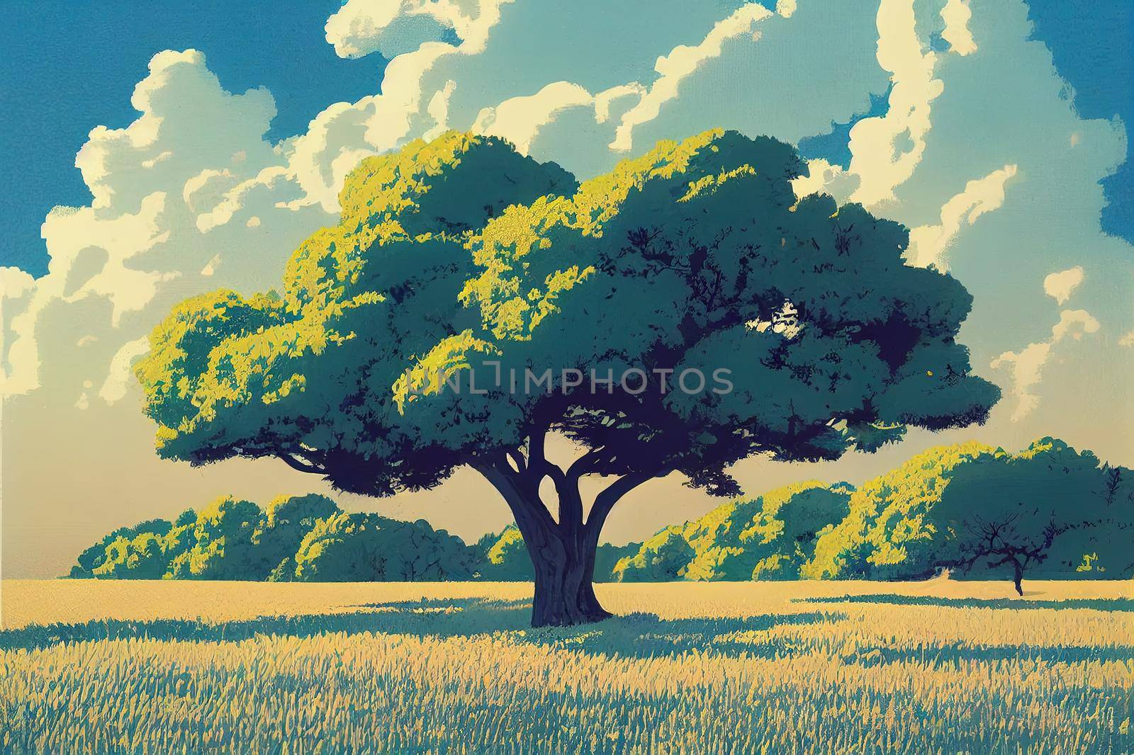 Blue sky and cloud with meadow tree. Plain landscape background for summer poster.. High quality illustration