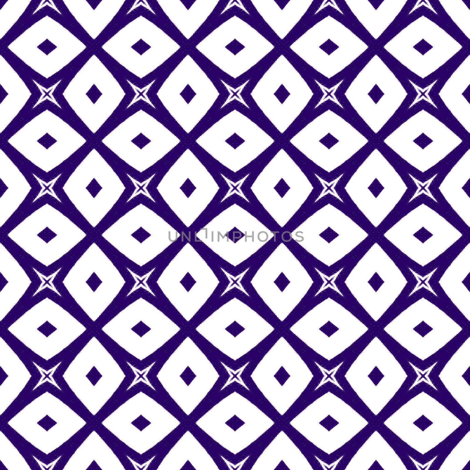 Ikat repeating swimwear design. Purple symmetrical kaleidoscope background. Textile ready amazing print, swimwear fabric, wallpaper, wrapping. Summer ikat sweamwear pattern.