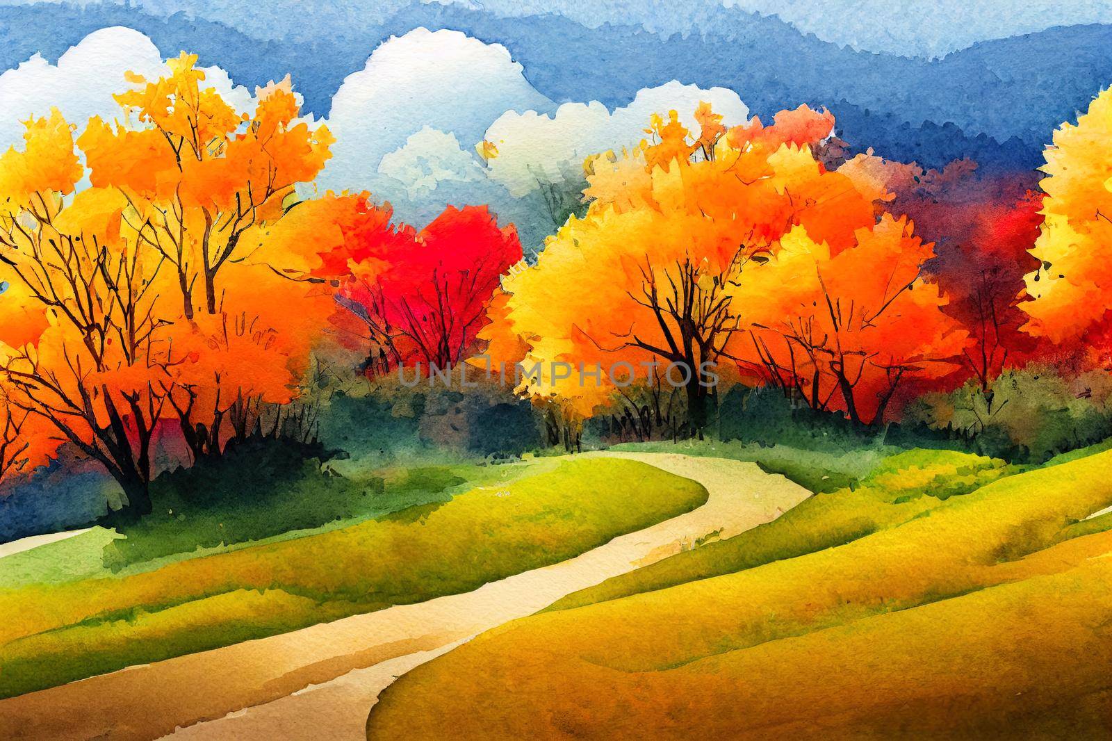 Bright autumn landscape. Nice village on the hill, autumn forest. Watercolor illustration. Horizontal card with autumn.. High quality illustration